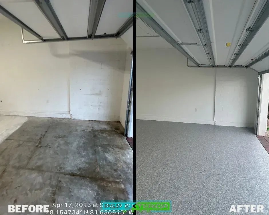 Garage floor before-and-after: stained concrete replaced with clean gray epoxy coating.