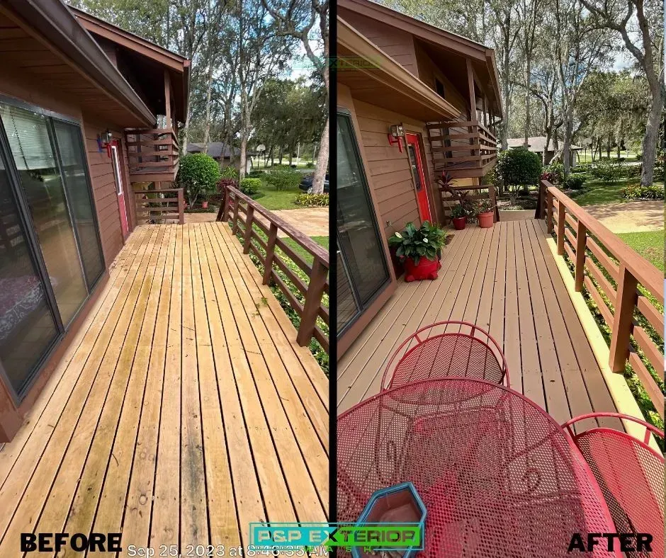 Deck before-and-after: bare wooden deck changed to beige flooring with railing and plants