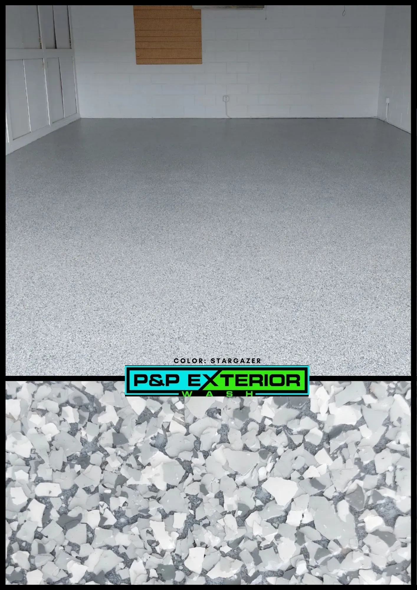Garage floor with gray epoxy coating and a patch of white coating flakes below.