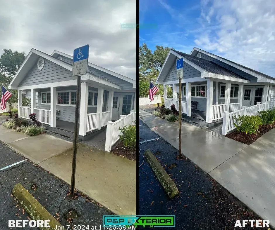 Before-and-after of a small white house with ramp and blue roof, showing exterior renovation.