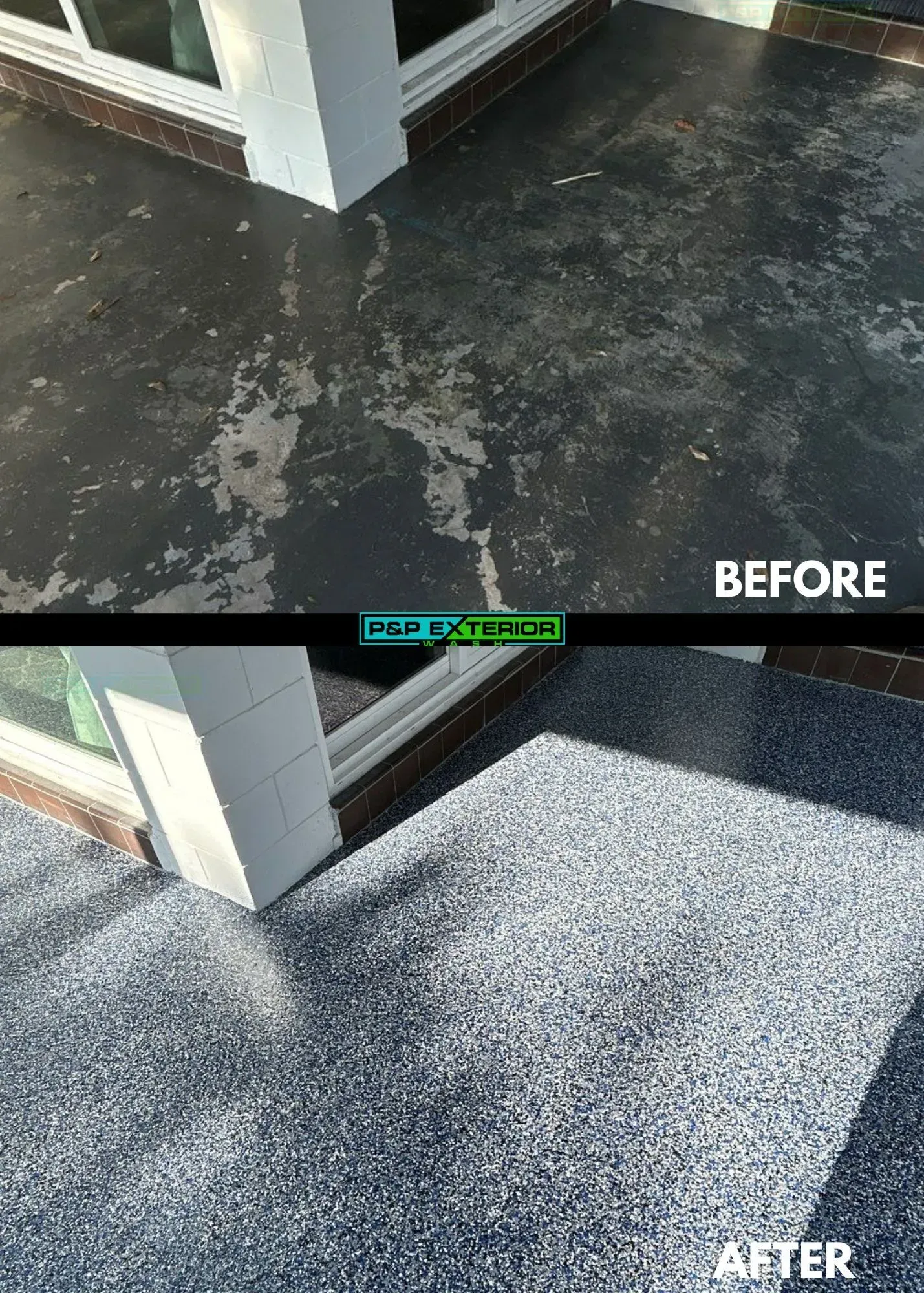 Before-and-after of a dark floor transformed to a light speckled finish on a patio or entryway.