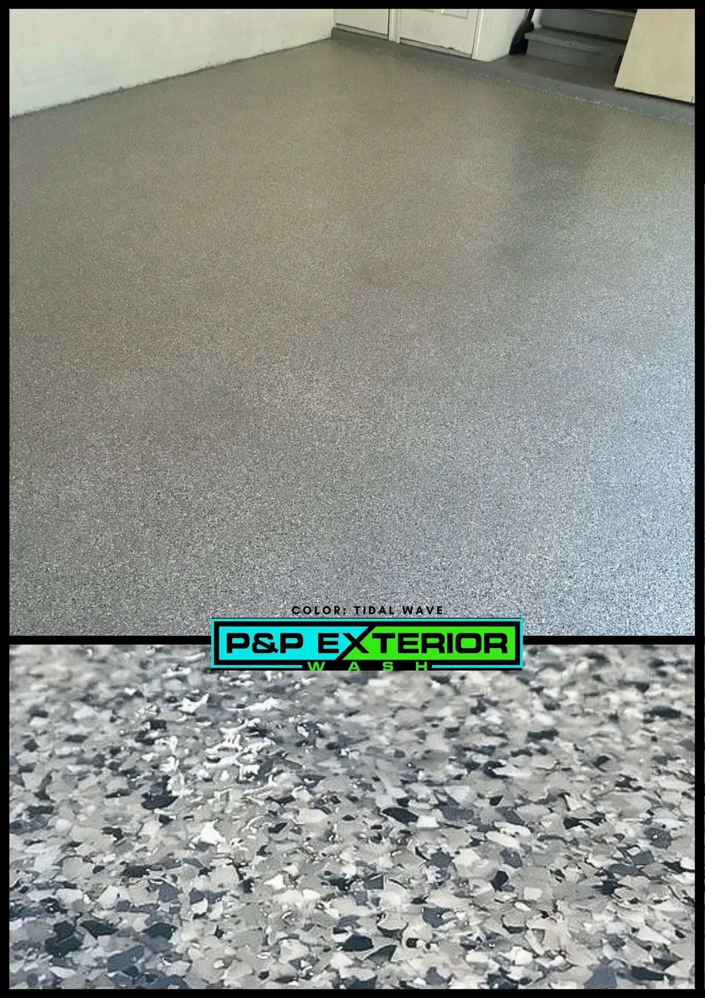 Epoxy-coated concrete floor with gray speckled finish and a P&P Exterior watermark