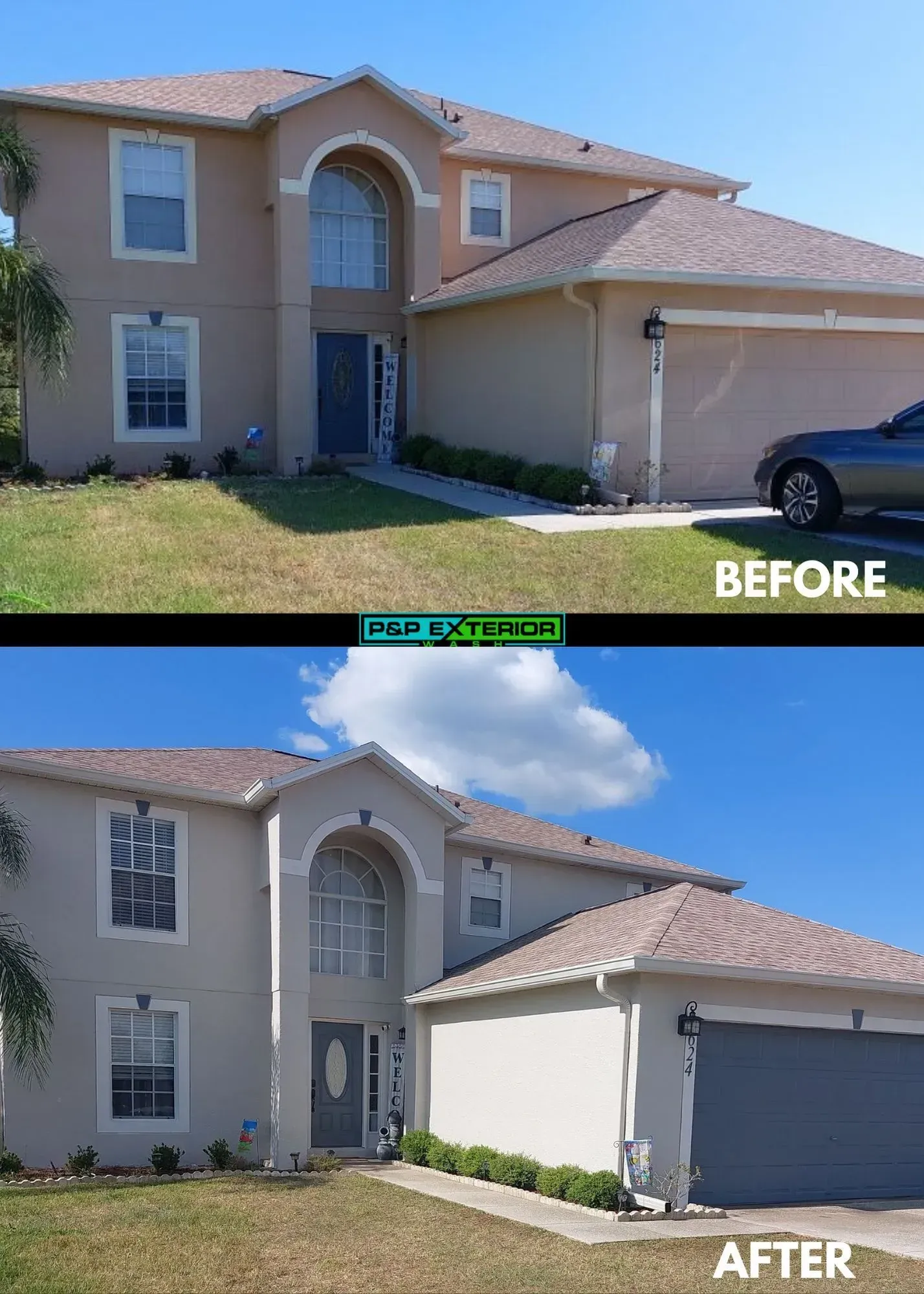 Before-and-after view of a two-story house with a remodeled front entry and garage exterior.