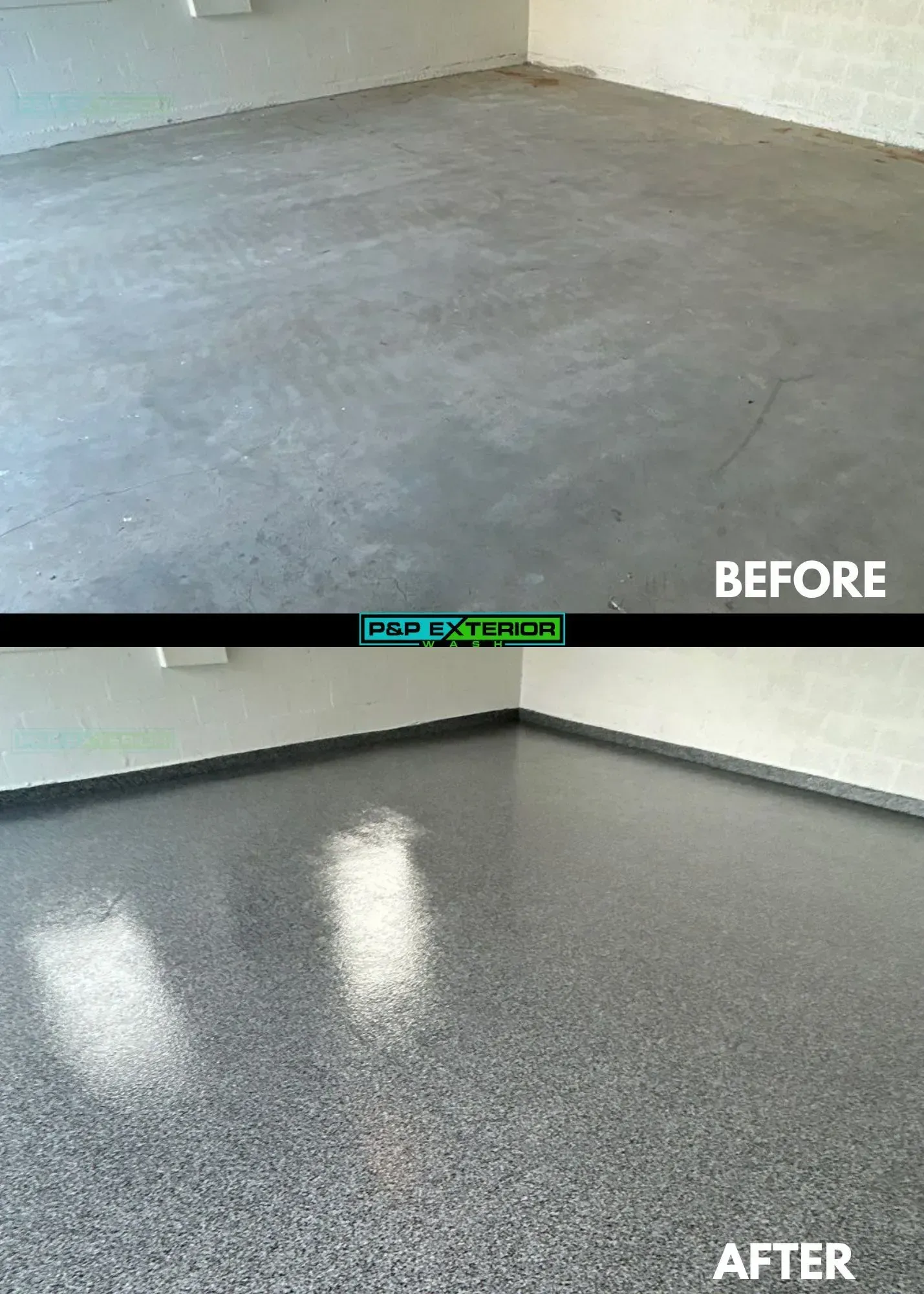 Before-and-after of a gray floor resurfaced to a glossy speckled finish in an empty room.