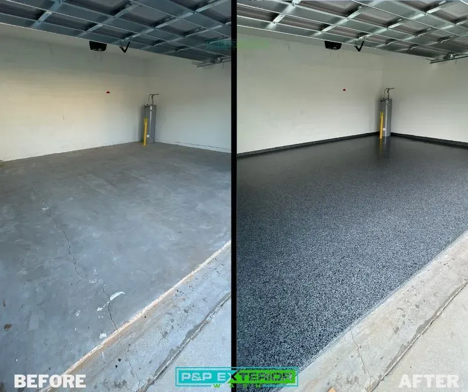 Garage floor before-and-after: plain concrete on left, finished speckled epoxy floor on right.
