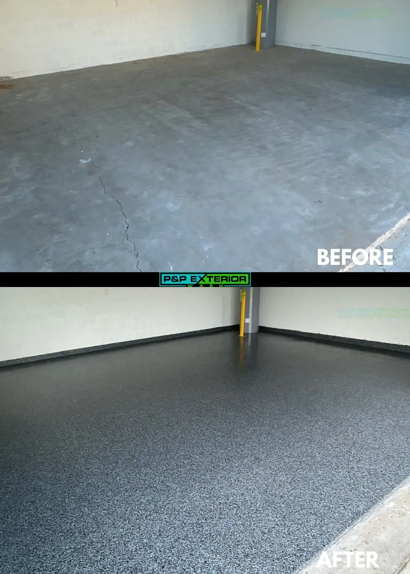 Garage floor before-and-after: plain gray concrete becomes speckled epoxy-coated floor.