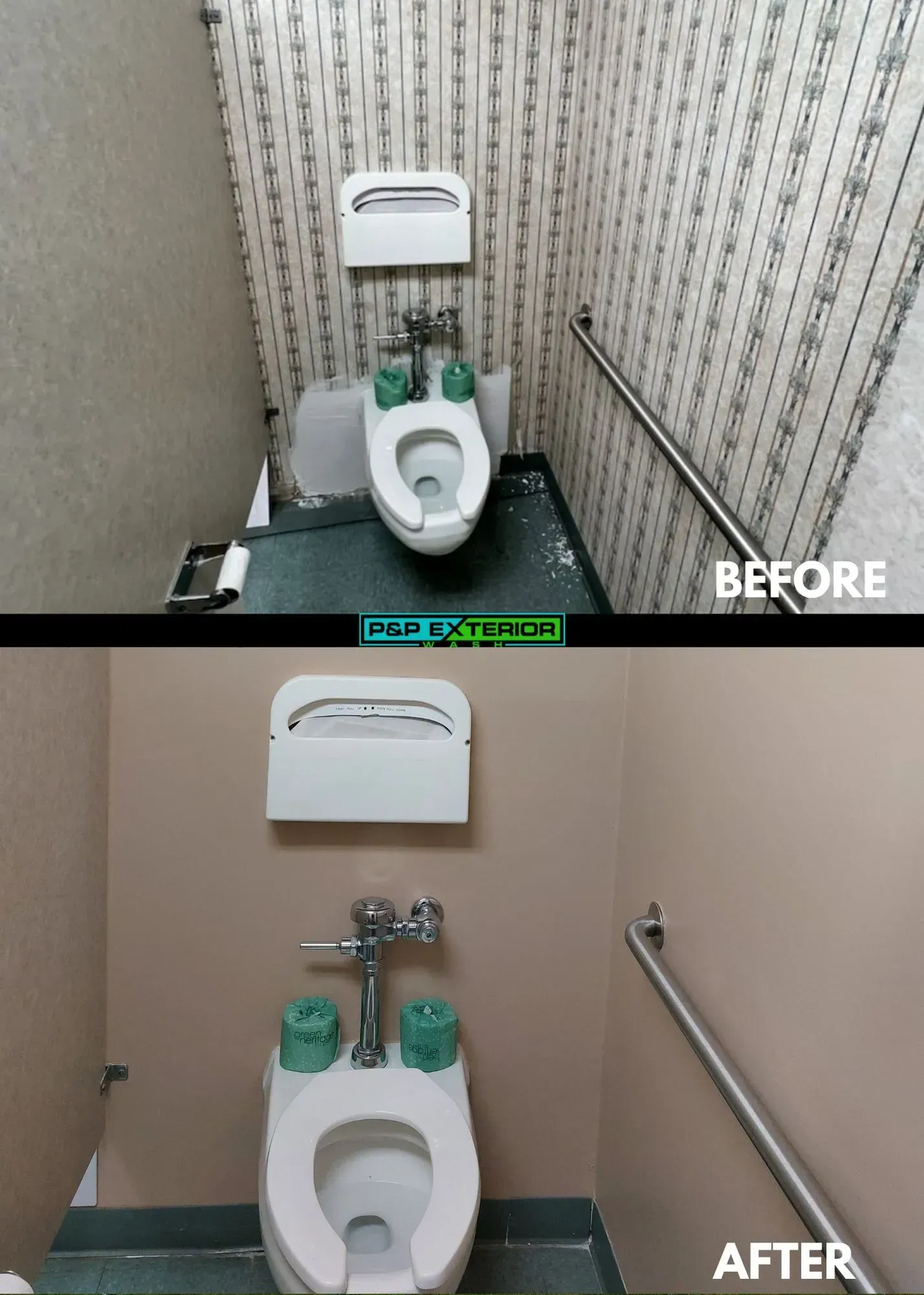 Before-and-after restroom toilet replacement with green grab bars and a metal handrail.