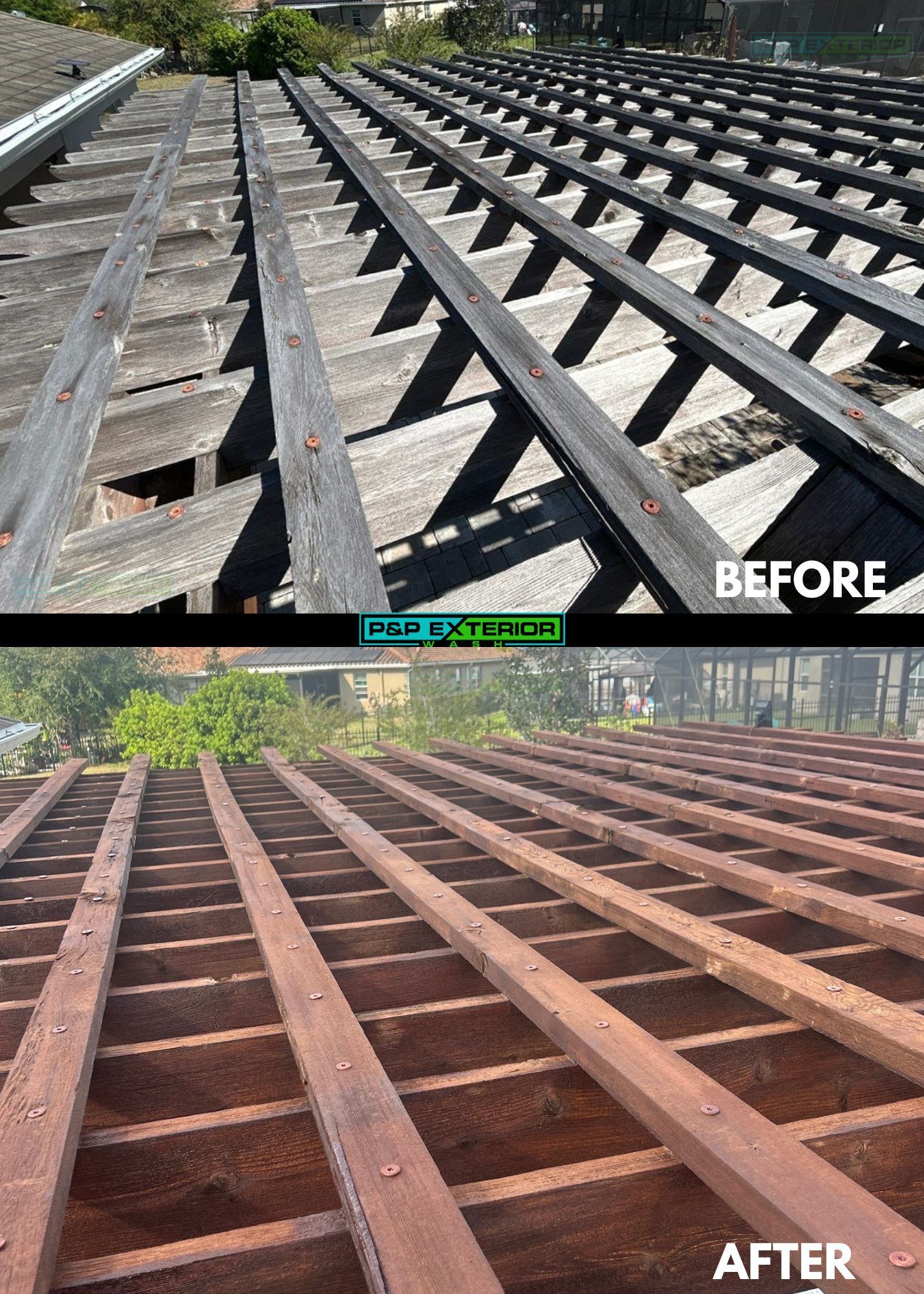 Before-and-after view of a roof deck frame, changing from gray weathered wood to freshly stained reddish-brown joists.