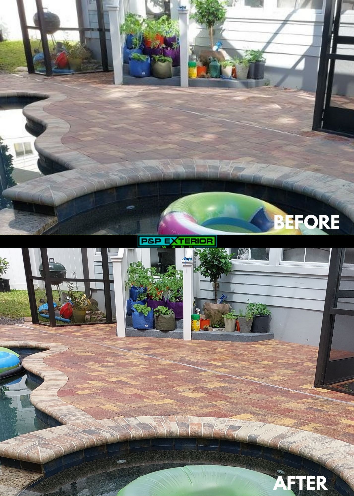 Before-and-after view of a backyard patio with brick pavers, potted plants, and a pool edge.