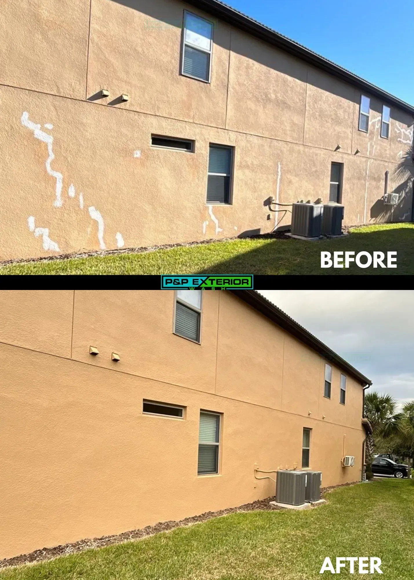 Before-and-after view of a tan stucco building exterior with repaired cracks and stains.