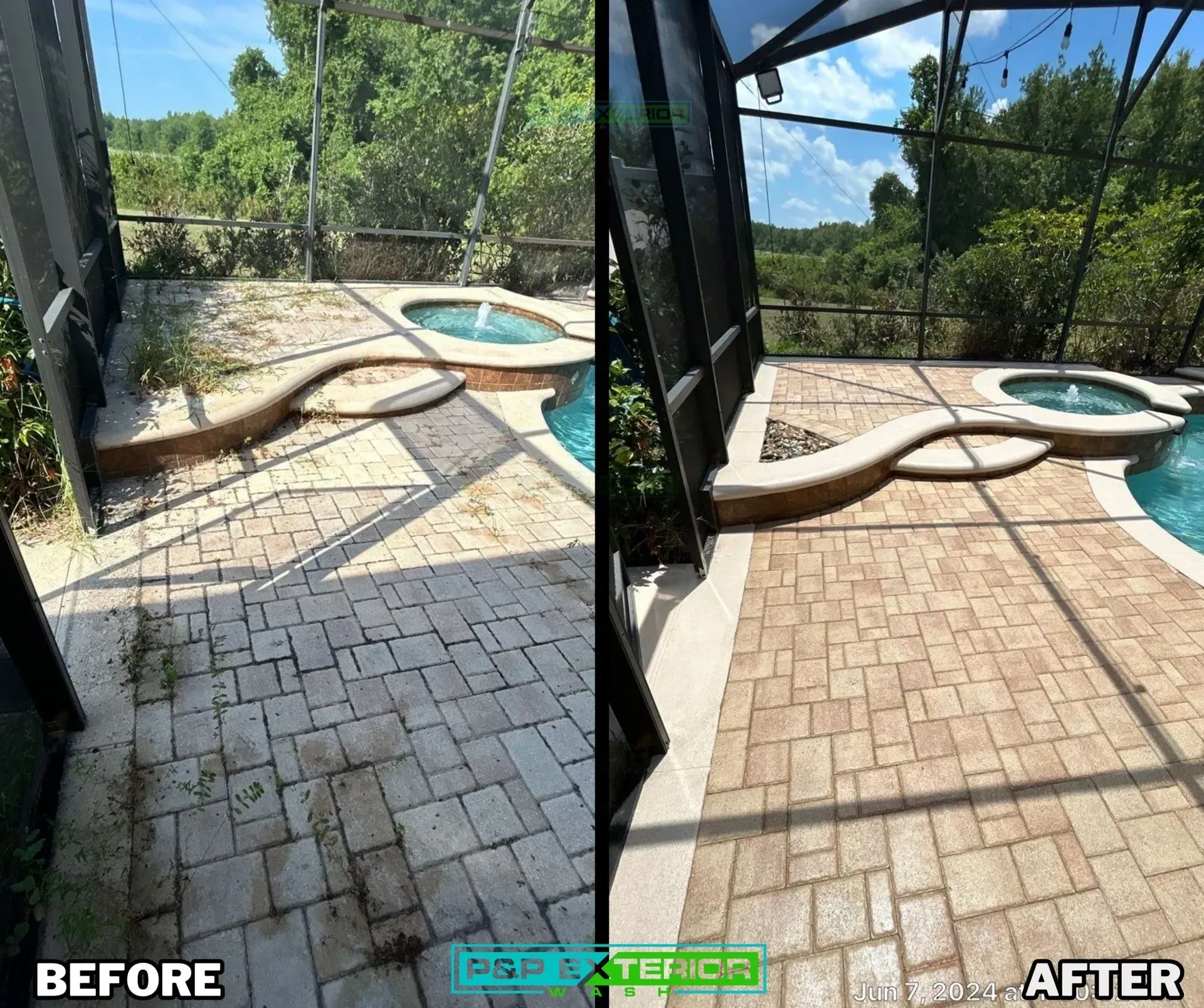 Before-and-after of a screened pool patio cleaned from dirty to bright and clear.