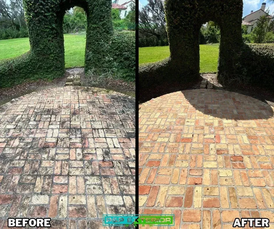 Split view of brick driveway before and after power washing, showing dirt removed and brighter paving.