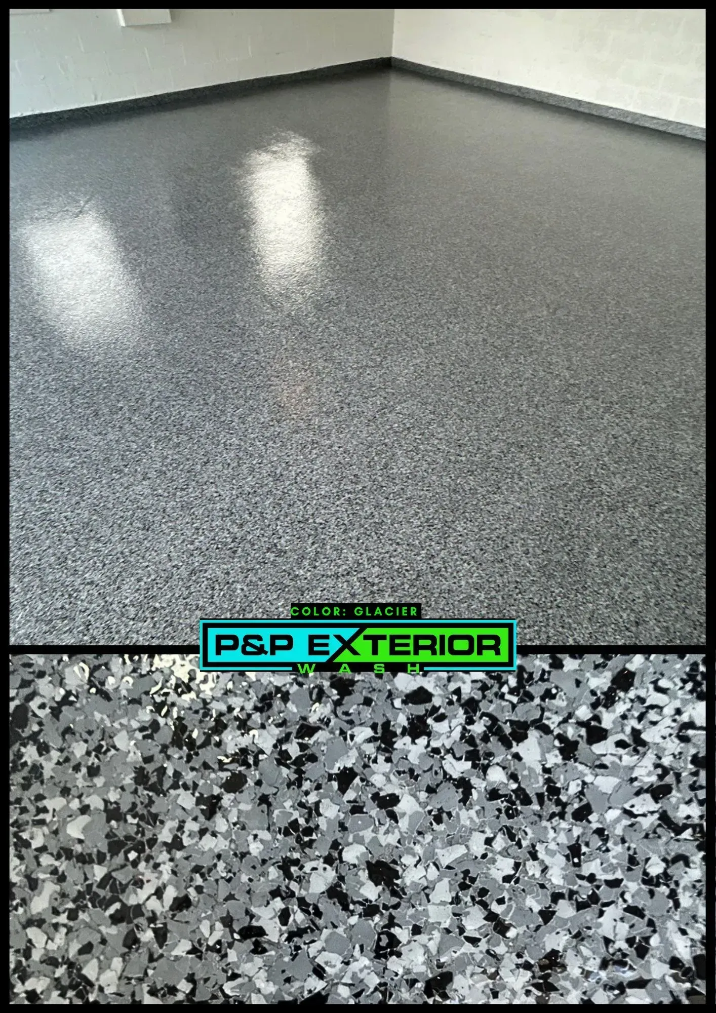 Gray speckled epoxy floor in a room, with a “P&P EXTERIOR” label at the bottom.