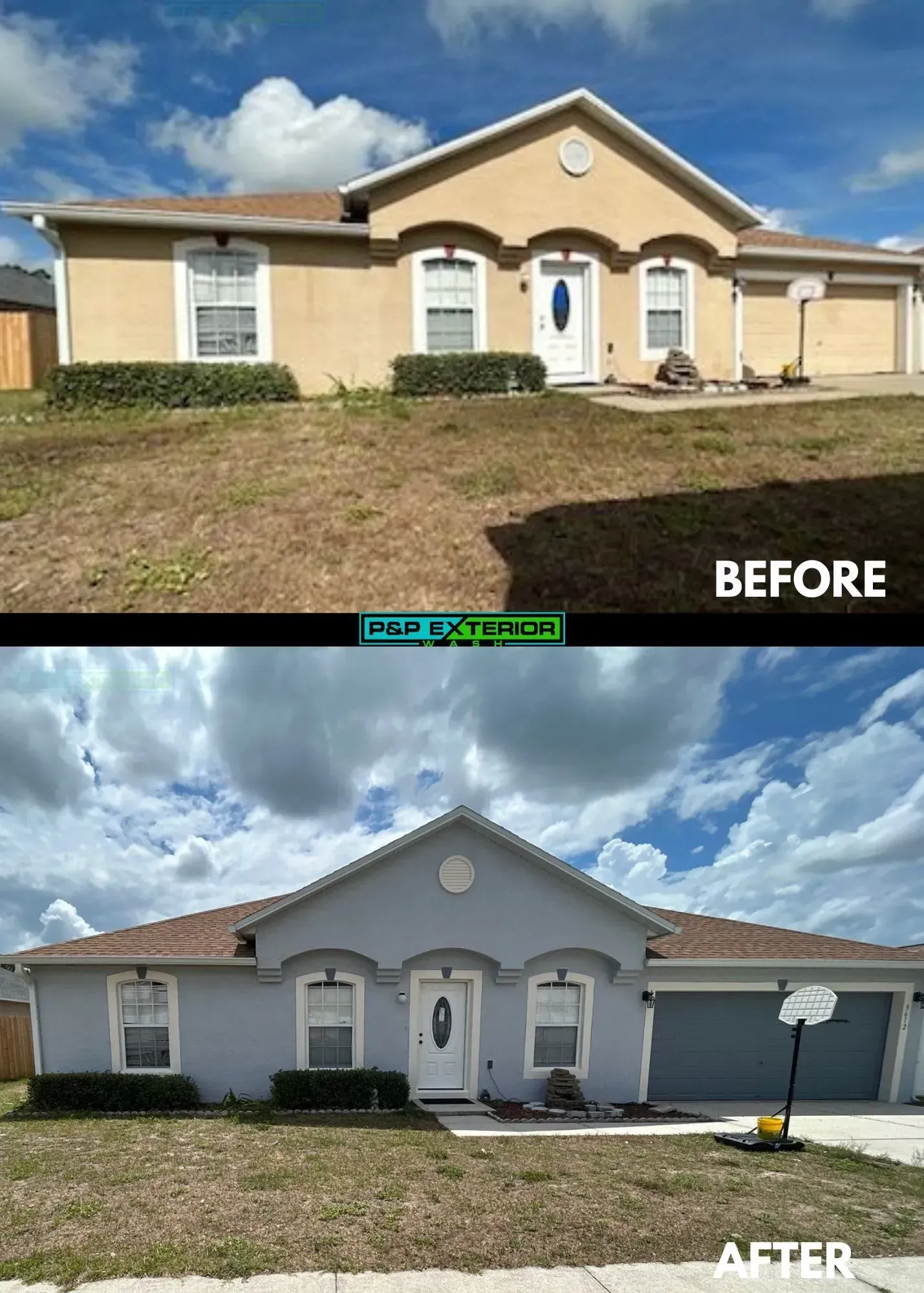Before-and-after view of a house exterior makeover, with beige home above and blue-gray painted home below.