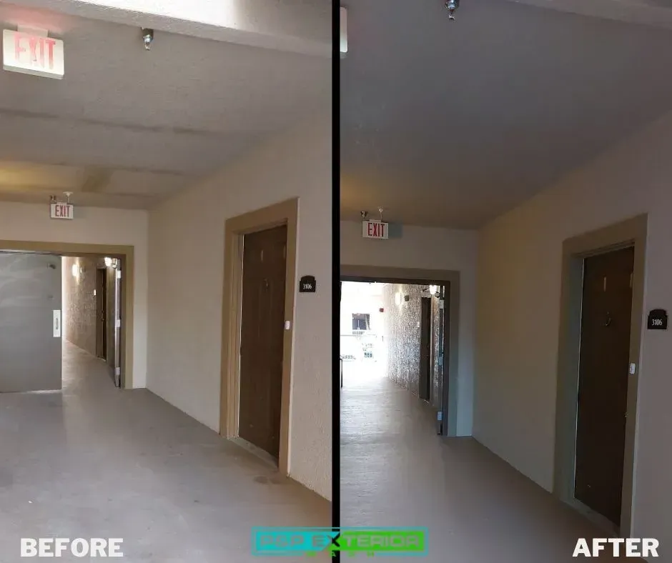 Before-and-after hallway renovation: brighter, cleaner corridor with white walls and brown doors.