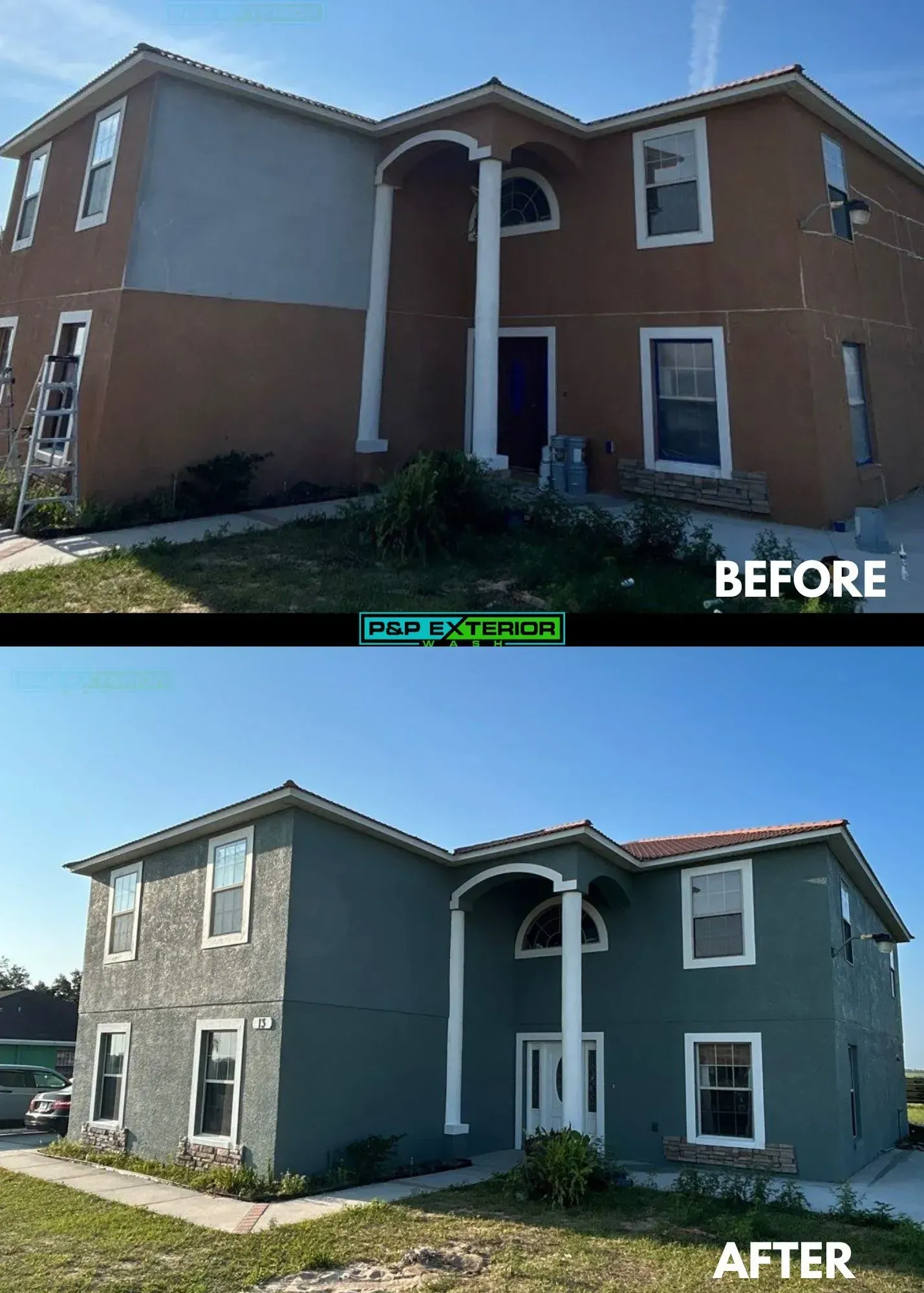 Before-and-after of a two-story brick house exterior painted from brown to gray-blue.