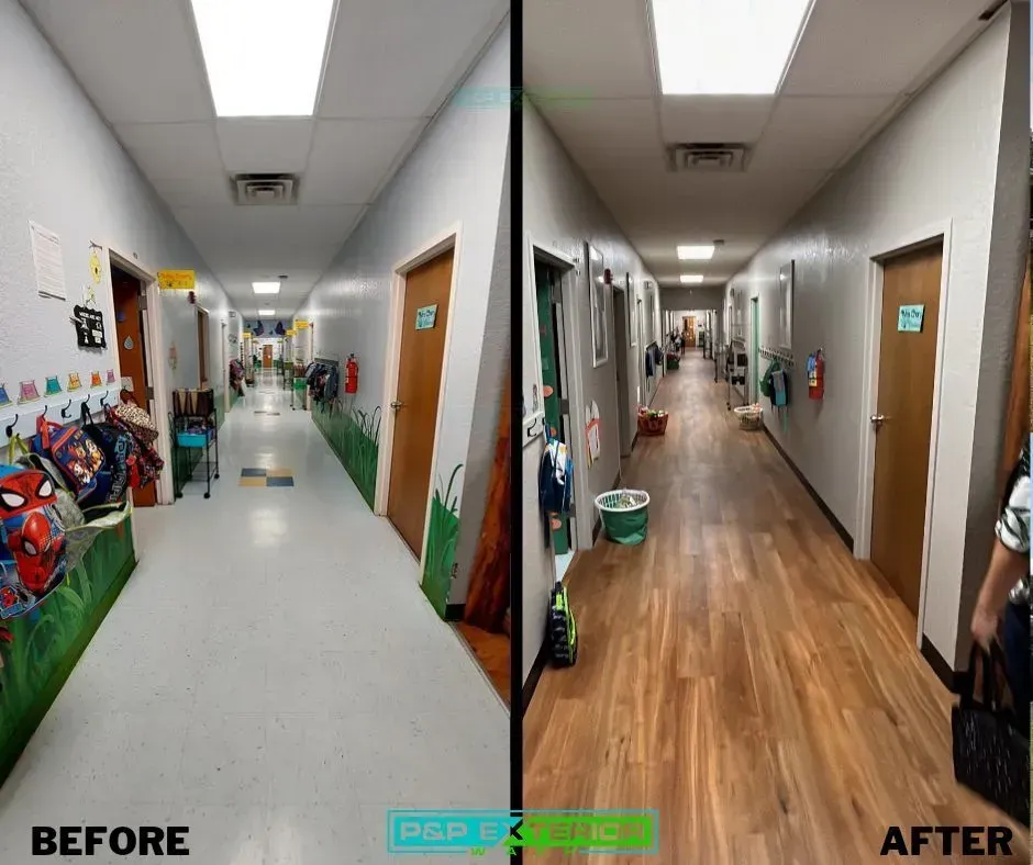 Before-and-after view of a school hallway transformed from plain tile to wood-look flooring.