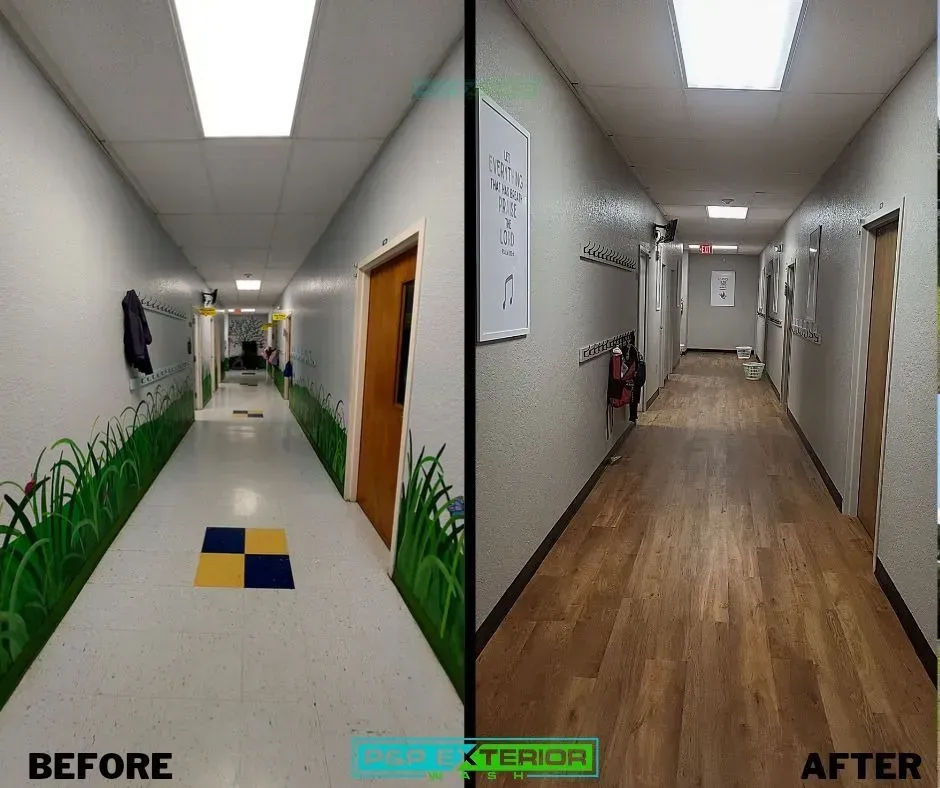 Split hallway comparison: left white floor with green wall art; right wood floor with cleaner, warmer look.