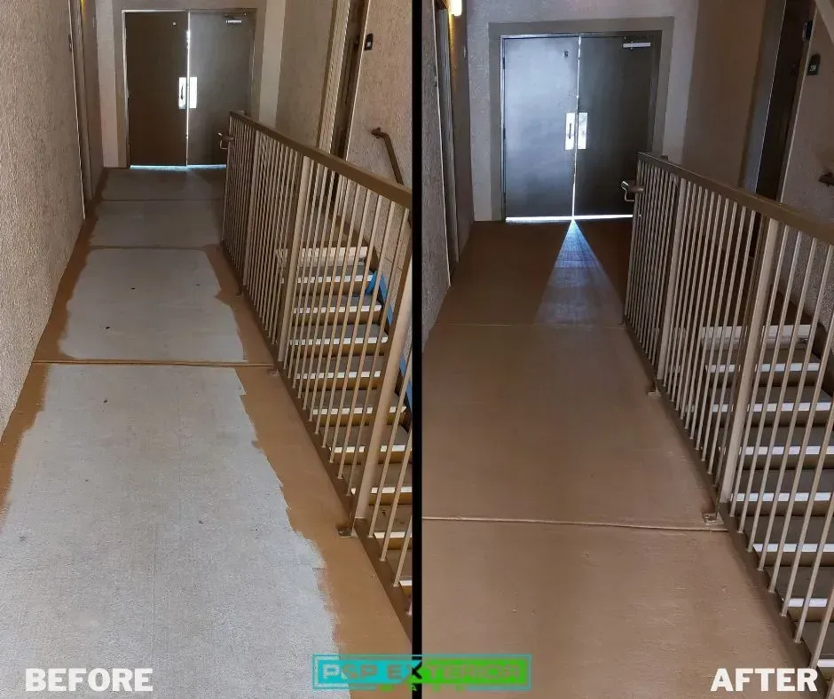 Before-and-after hallway: worn floor replaced with smooth brown flooring and repaired railings.