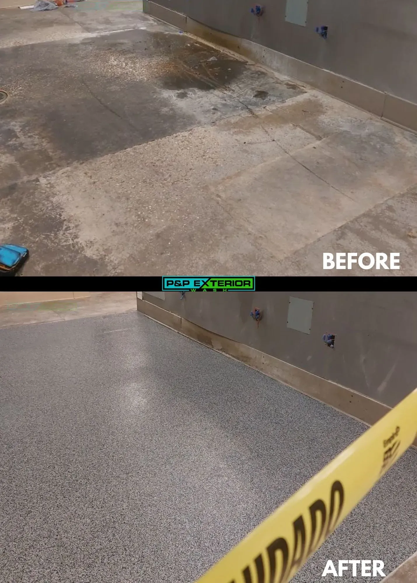 Before-and-after view of a speckled floor being cleaned behind yellow caution tape.