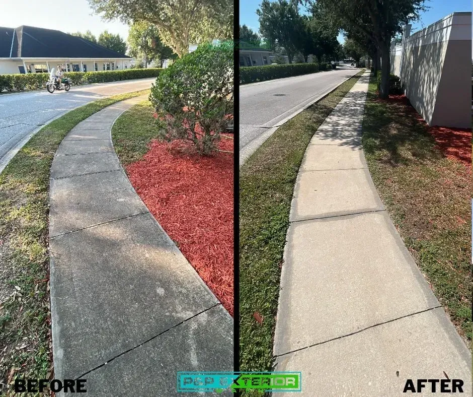 Sidewalk before-and-after comparison: cracked path replaced with smooth concrete beside red mulch and shrubs.