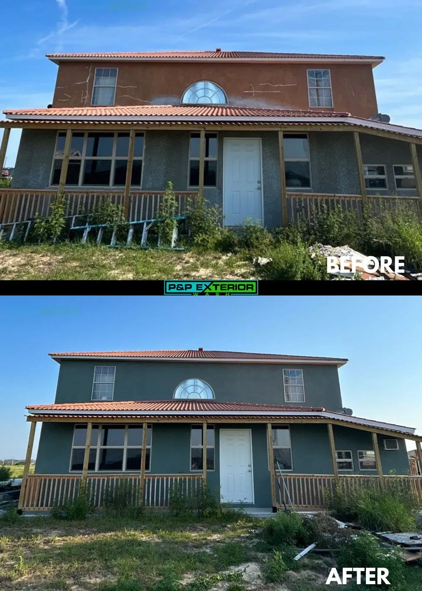 Before-and-after of a house exterior painted gray, with porch railings and trim updated.