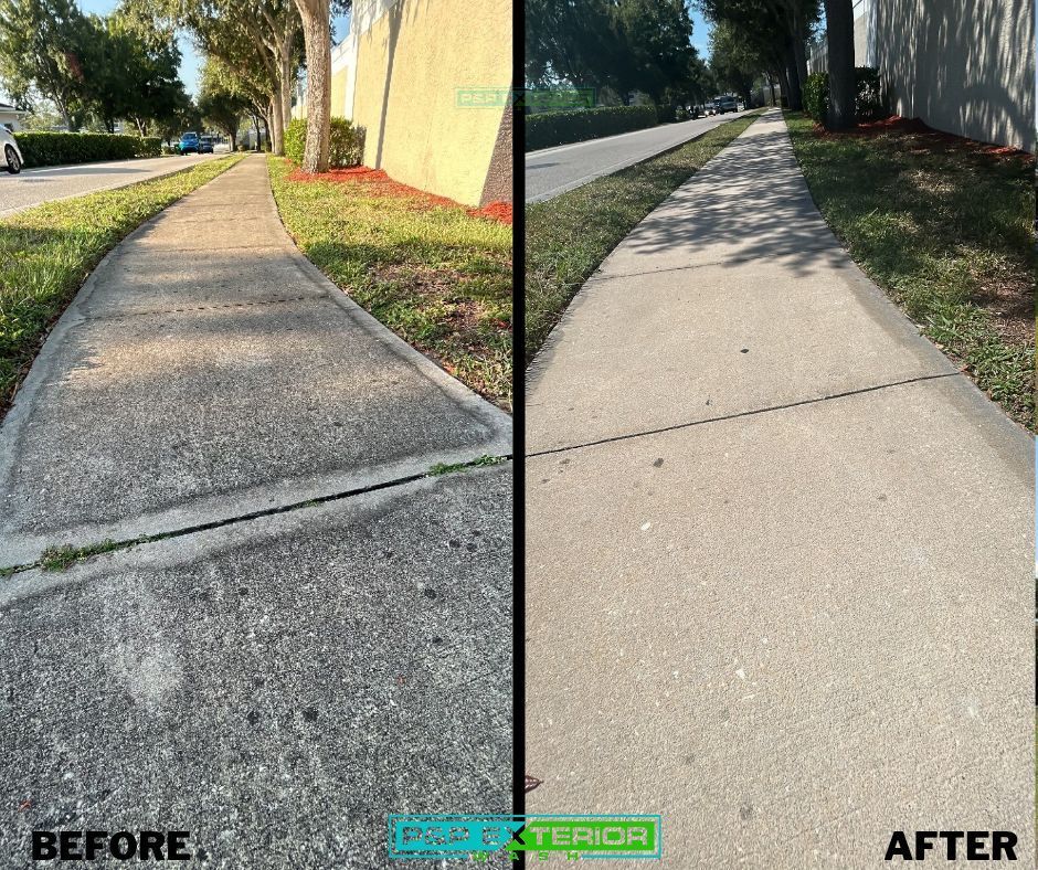 Before-and-after of a repaired concrete sidewalk, with the left side cracked and the right side smooth.