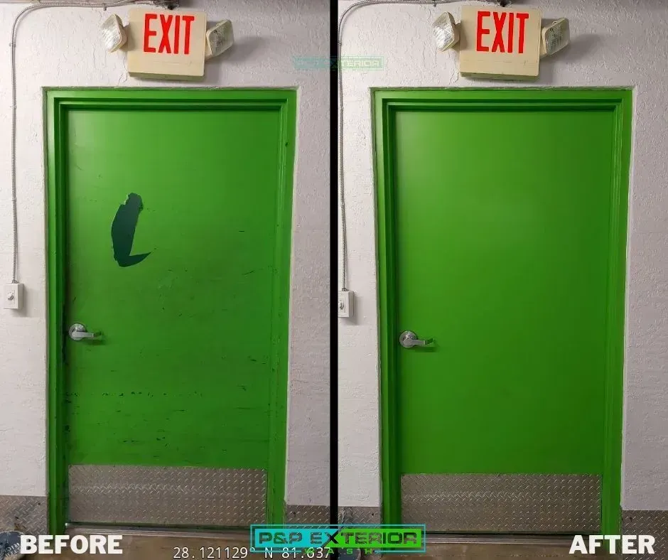 Before-and-after of a green door; the left door has a dark patch, the right door is clean and repaired.