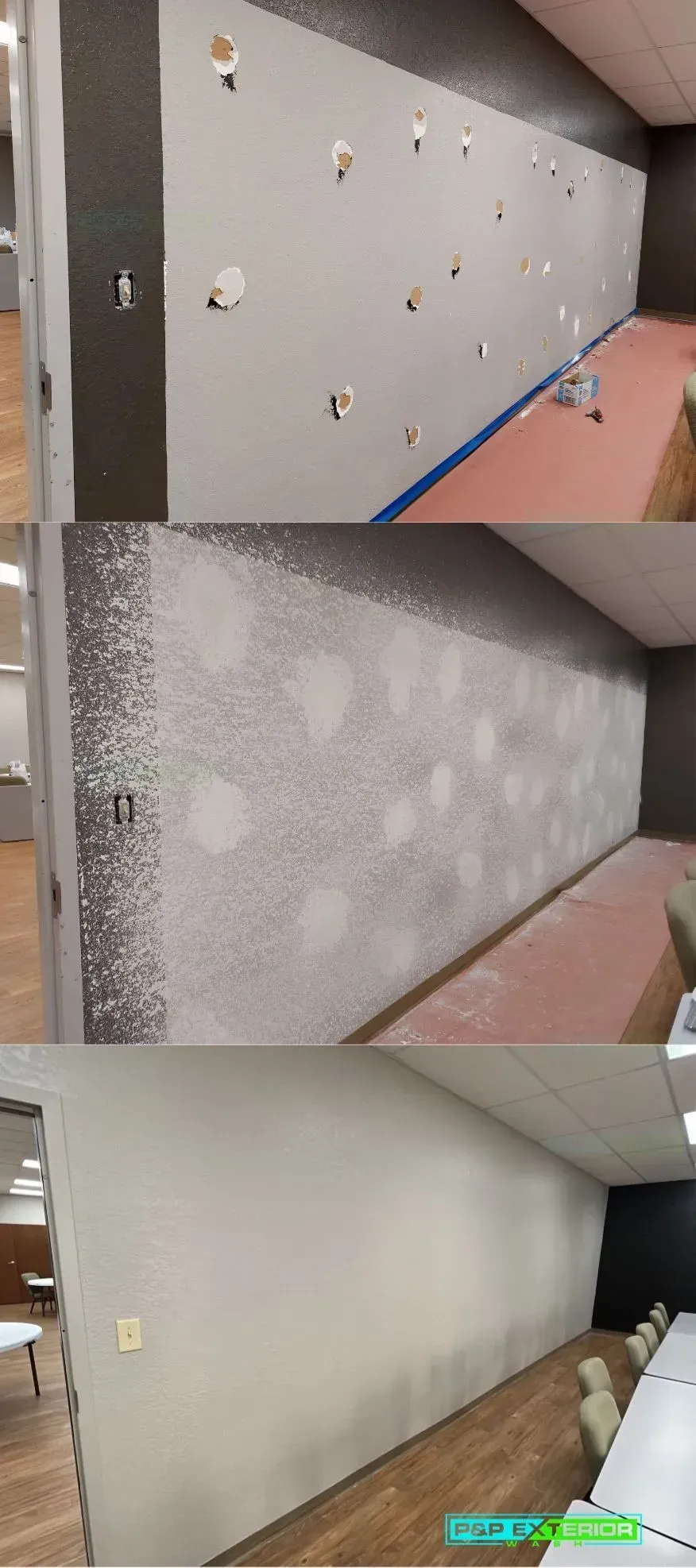 Three-stage renovation of a gray wall being skim-coated and primed with plastic sheeting and floor protection
