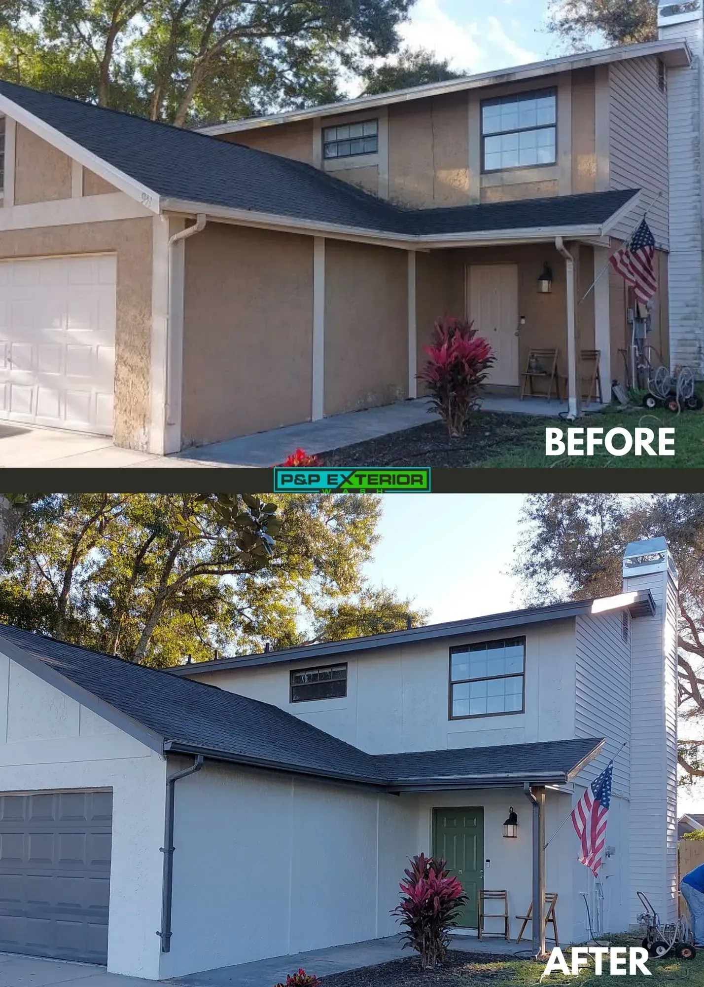 Before-and-after of a two-story beige house exterior with updated white trim and garage door.