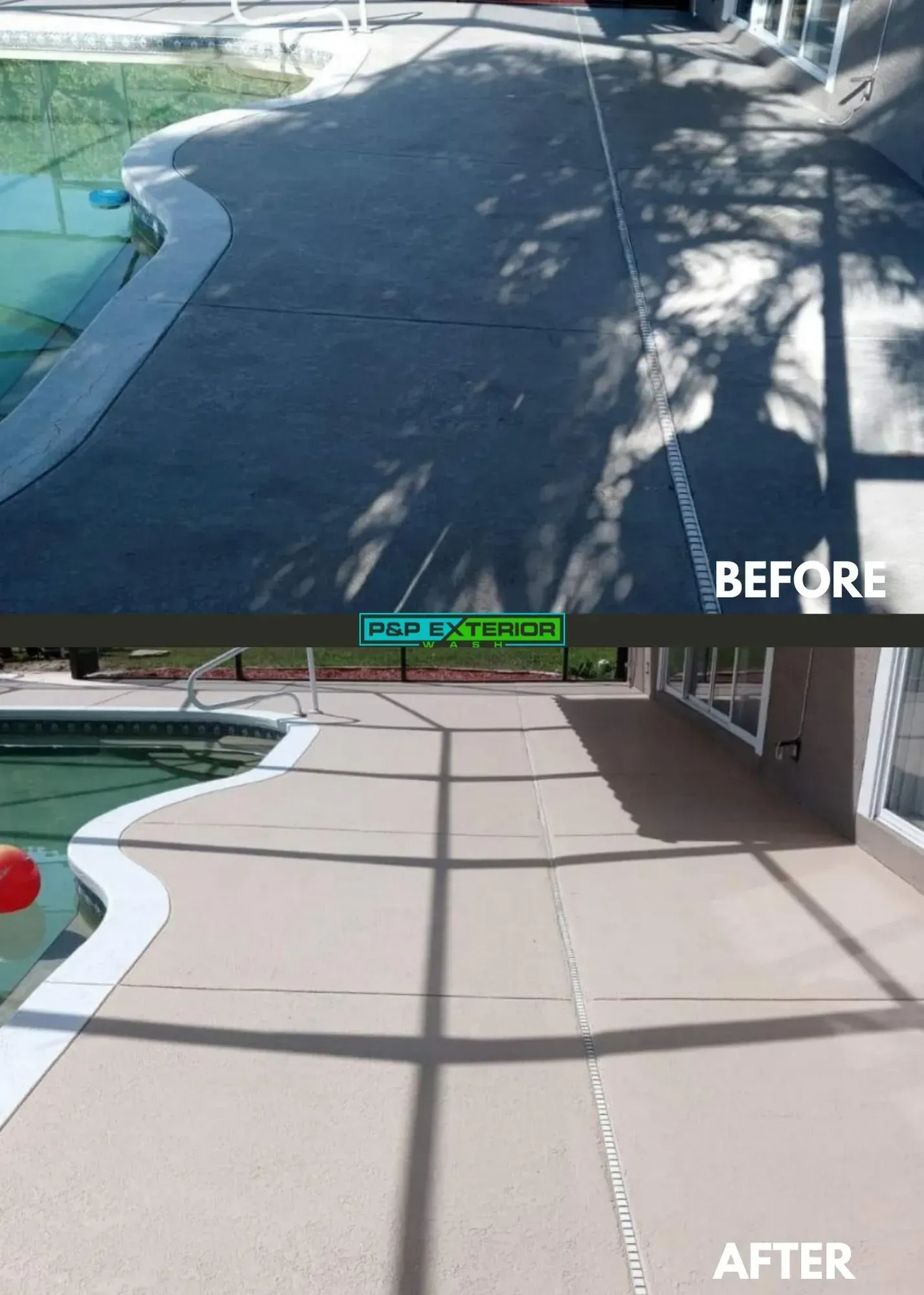 Before-and-after pool deck resurfacing: dark, cracked concrete replaced with smooth light gray patio.