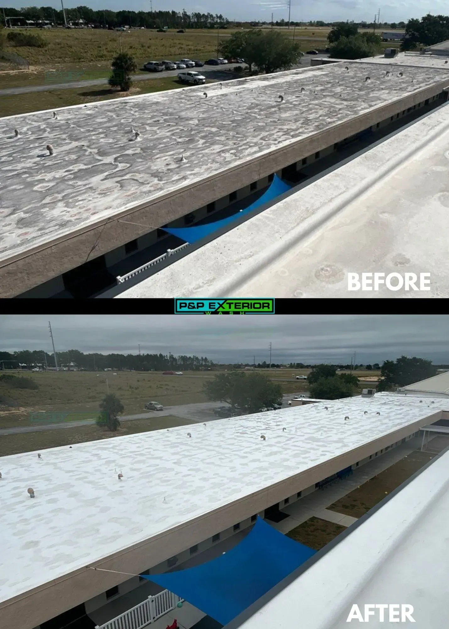 Before-and-after view of a rooftop bench, showing a weathered gray surface replaced with a white one.