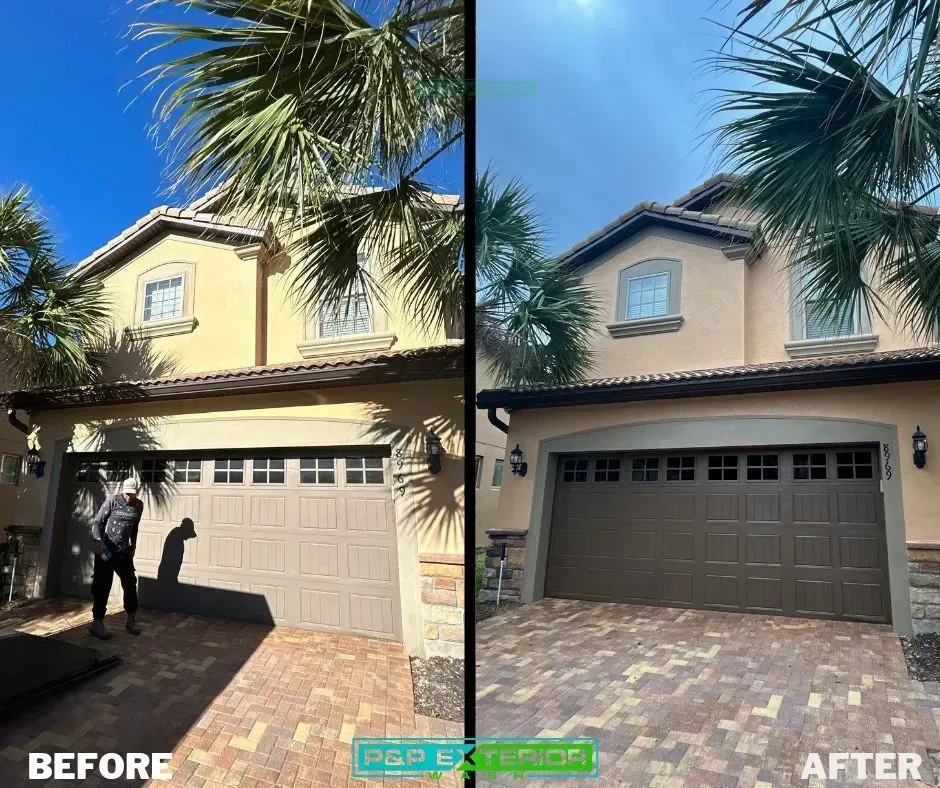 Before-and-after of a beige house garage and driveway, showing a cleaned/upgraded exterior with paver driveway.