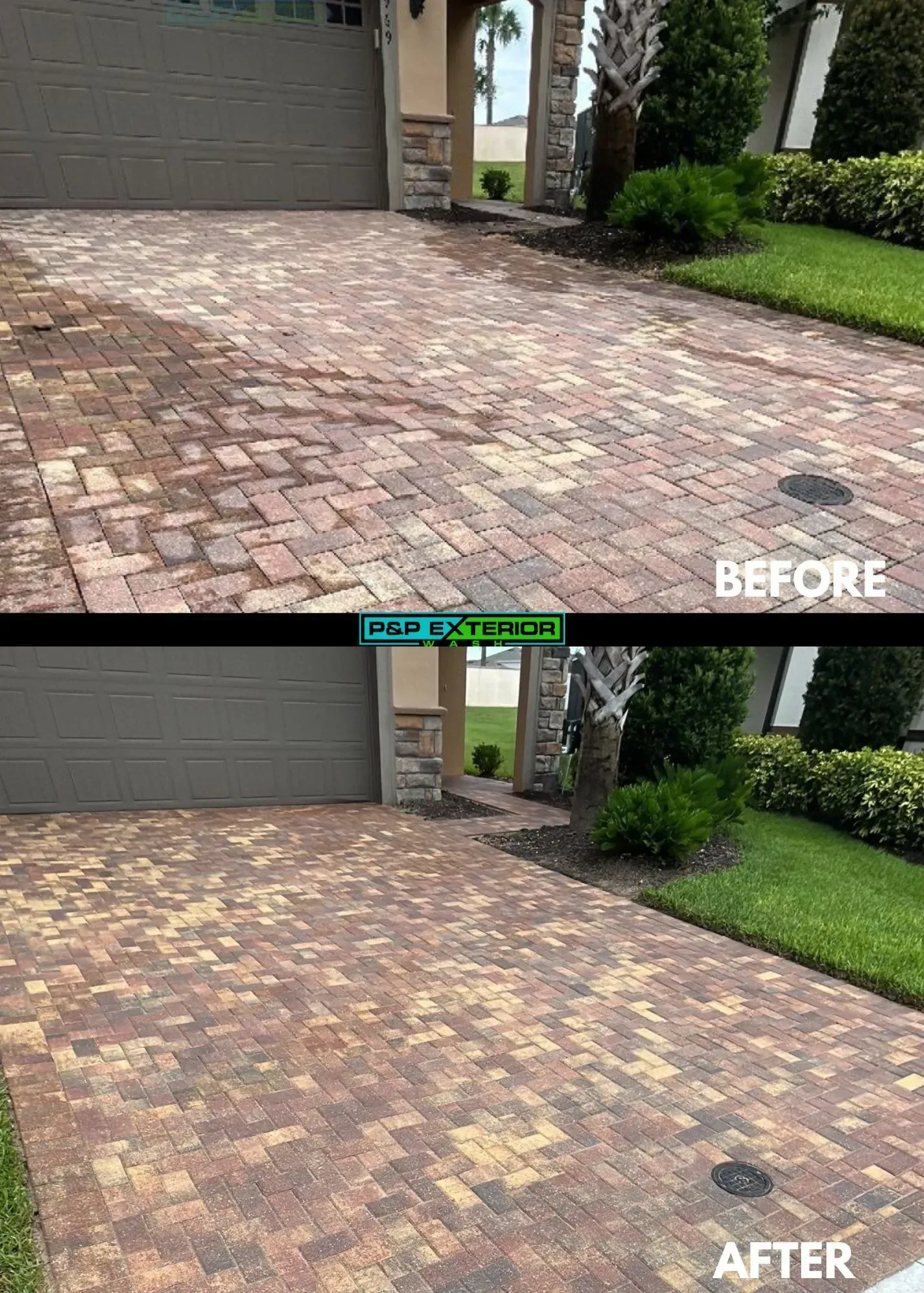 Driveway pavers before and after cleaning, with visible stain removal and brighter brick tones.