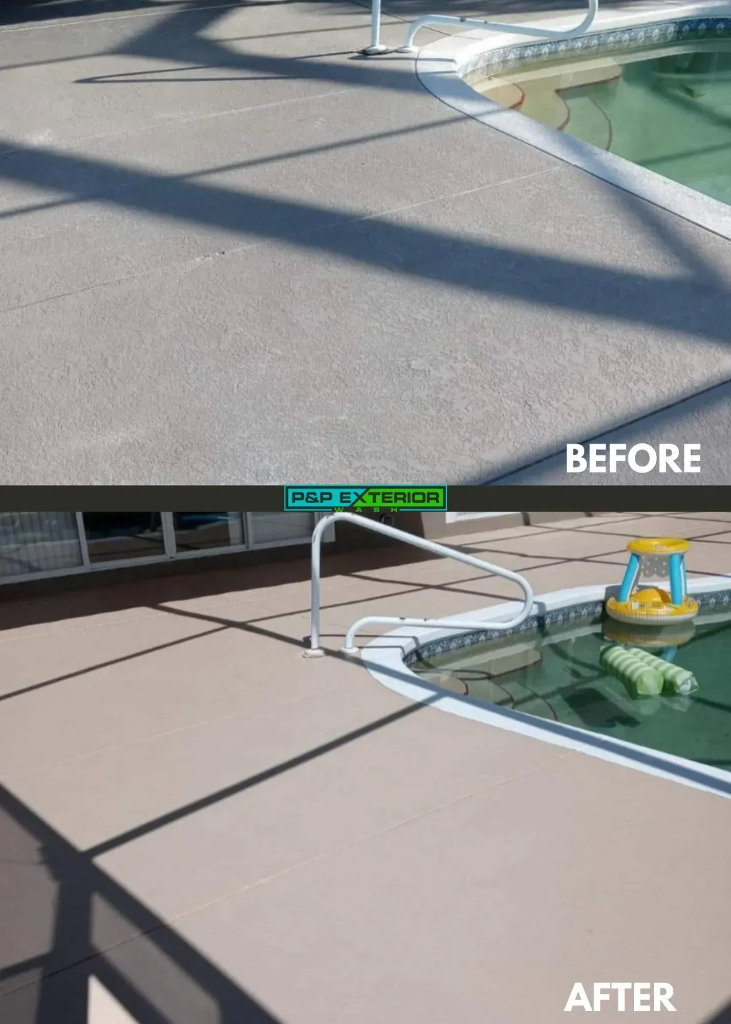 Before-and-after pool deck showing a low white handrail added beside the water.