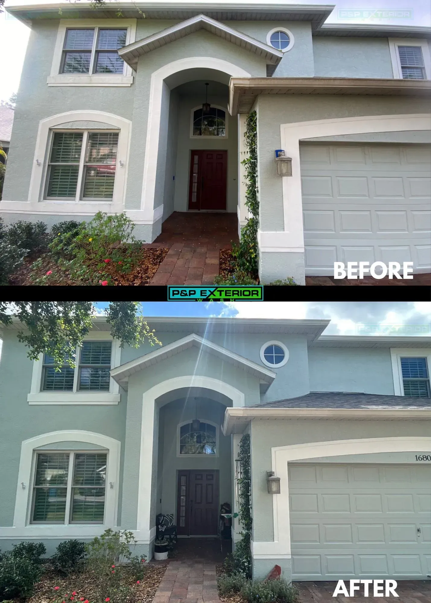 Before-and-after view of a house entrance renovation, showing a gray facade and garage with updated landscaping.