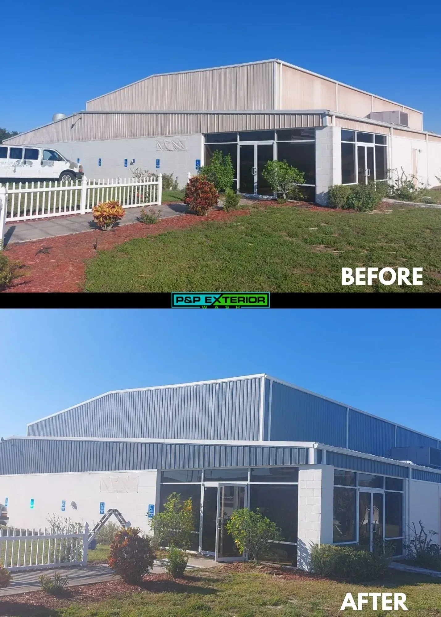 Before-and-after exterior of a building painted from beige to blue and white.