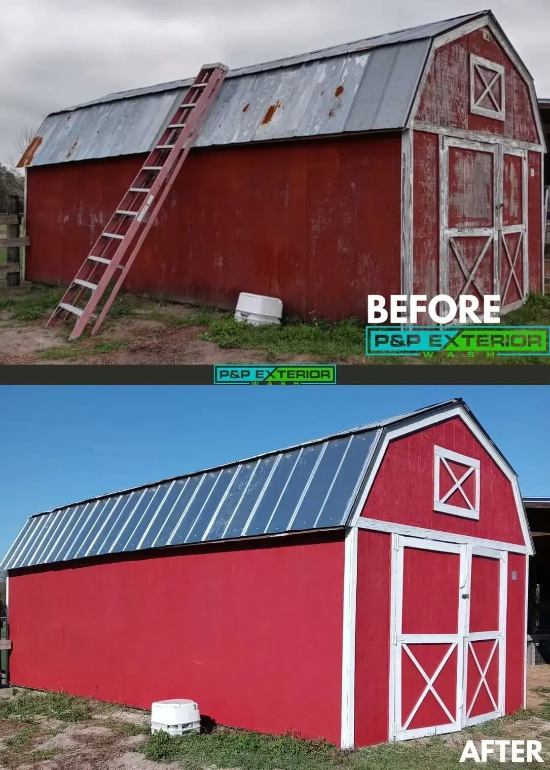 Before-and-after of a red barn makeover: weathered exterior replaced with bright red siding and blue roof.