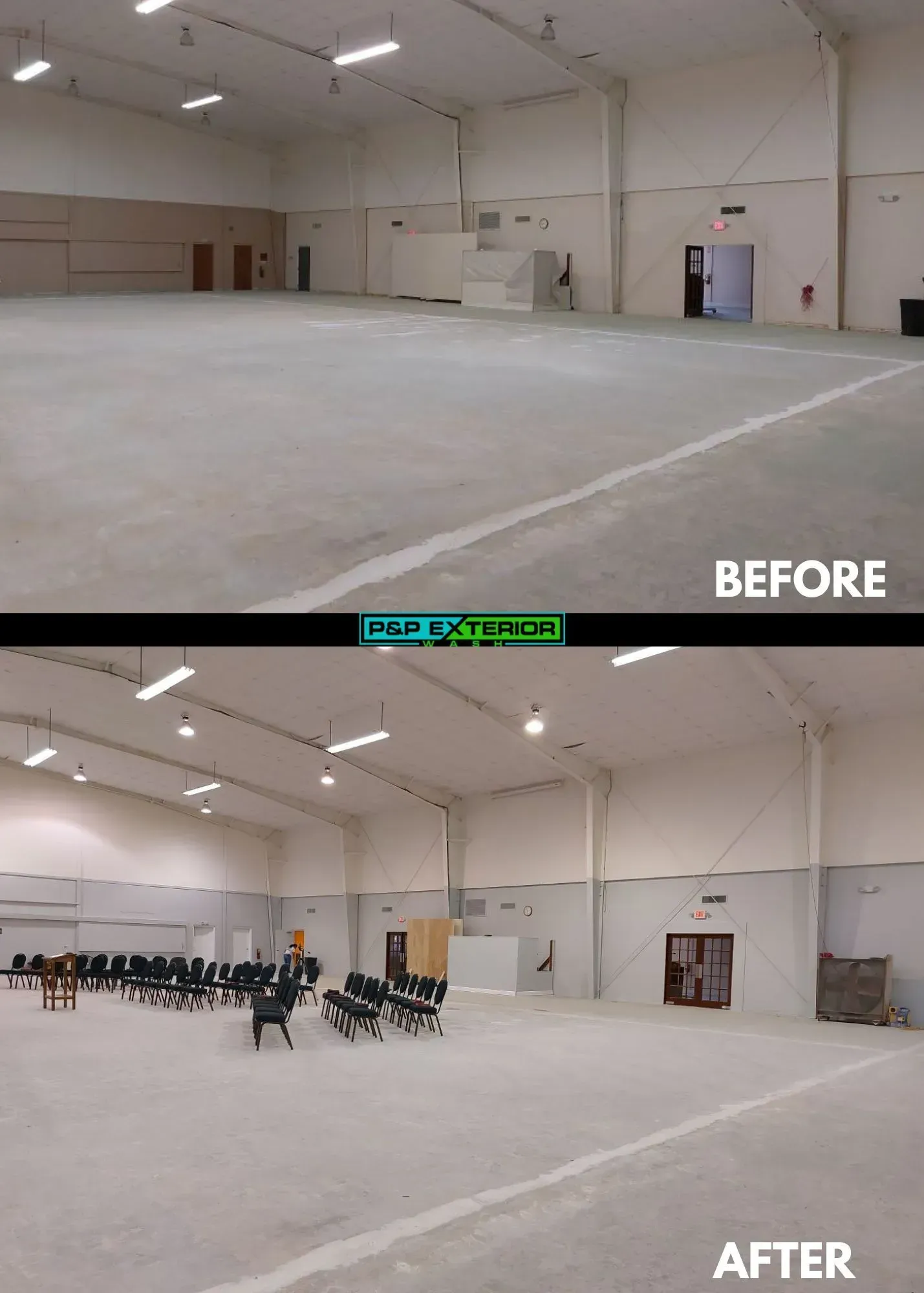 Before-and-after gym renovation: empty concrete floor changes to rows of black chairs in a white hall.