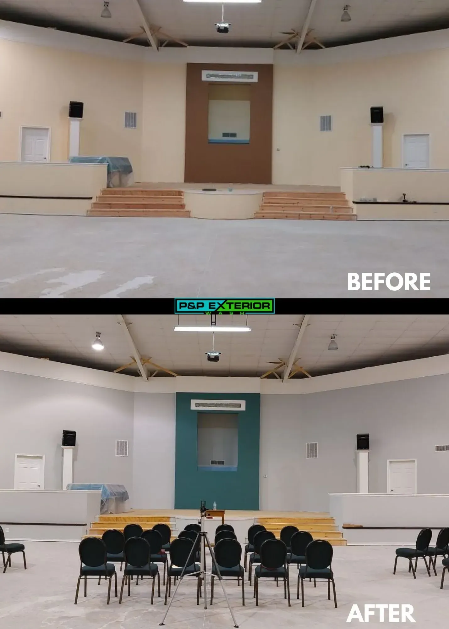 Before-and-after of a community hall stage with new seating and a teal wall backdrop