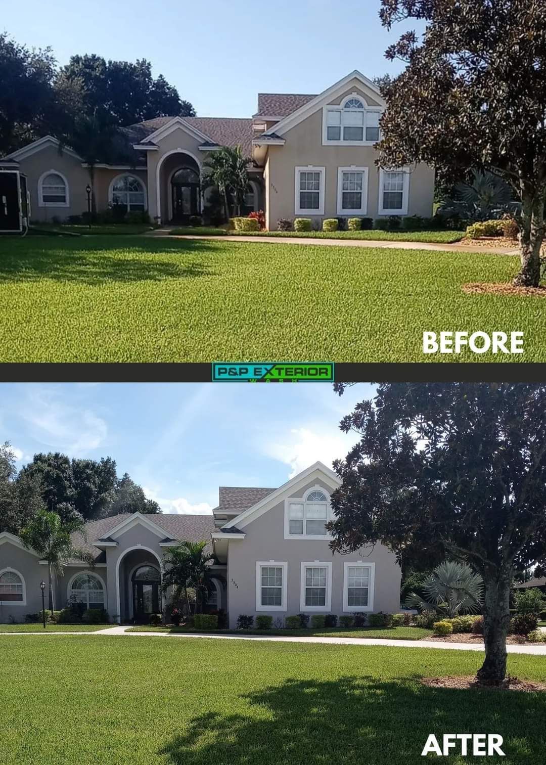Before-and-after view of a suburban house and lawn, with a brighter green yard in the after image.