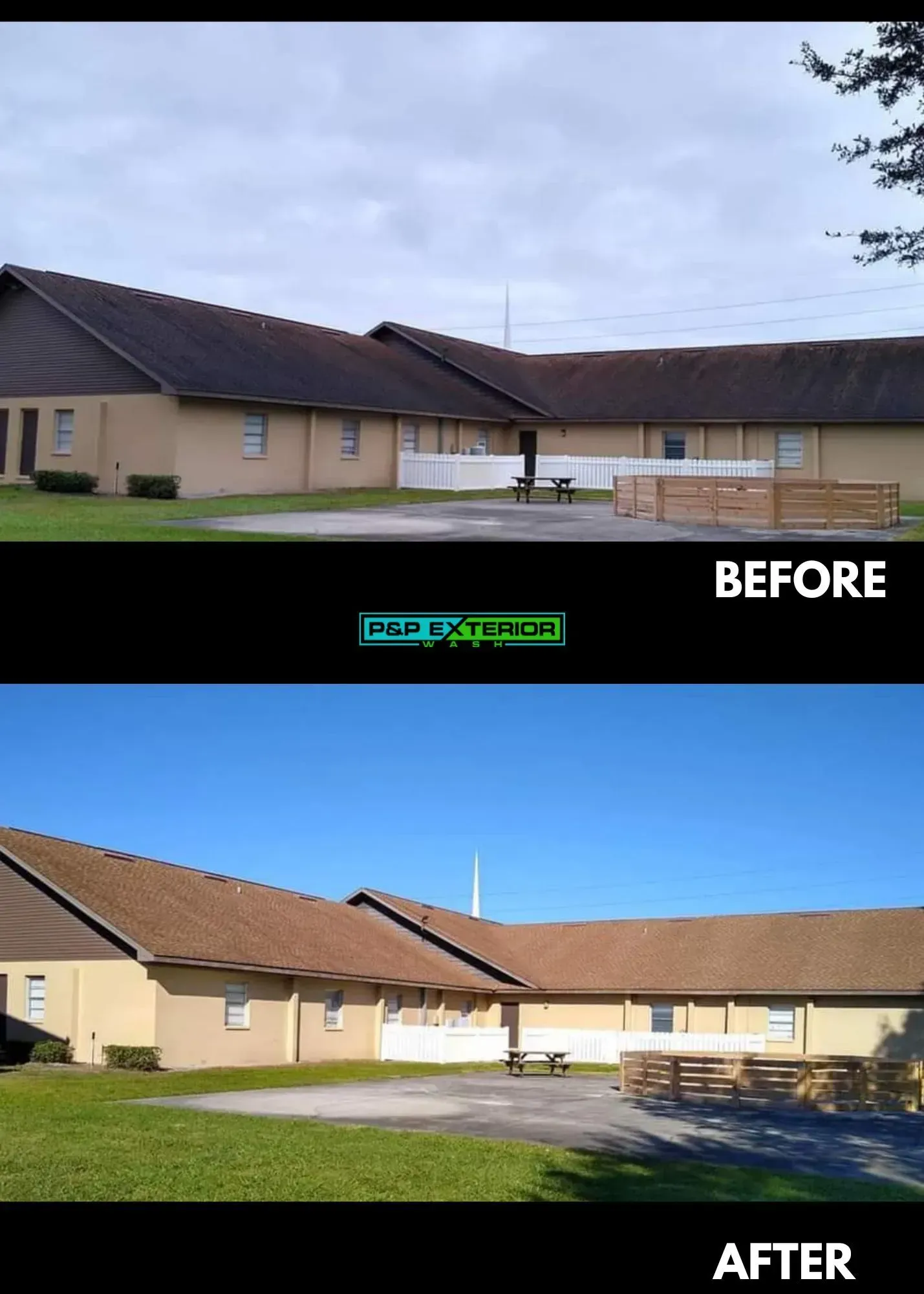 Before-and-after of a tan apartment building exterior with roof repairs and brighter sky.