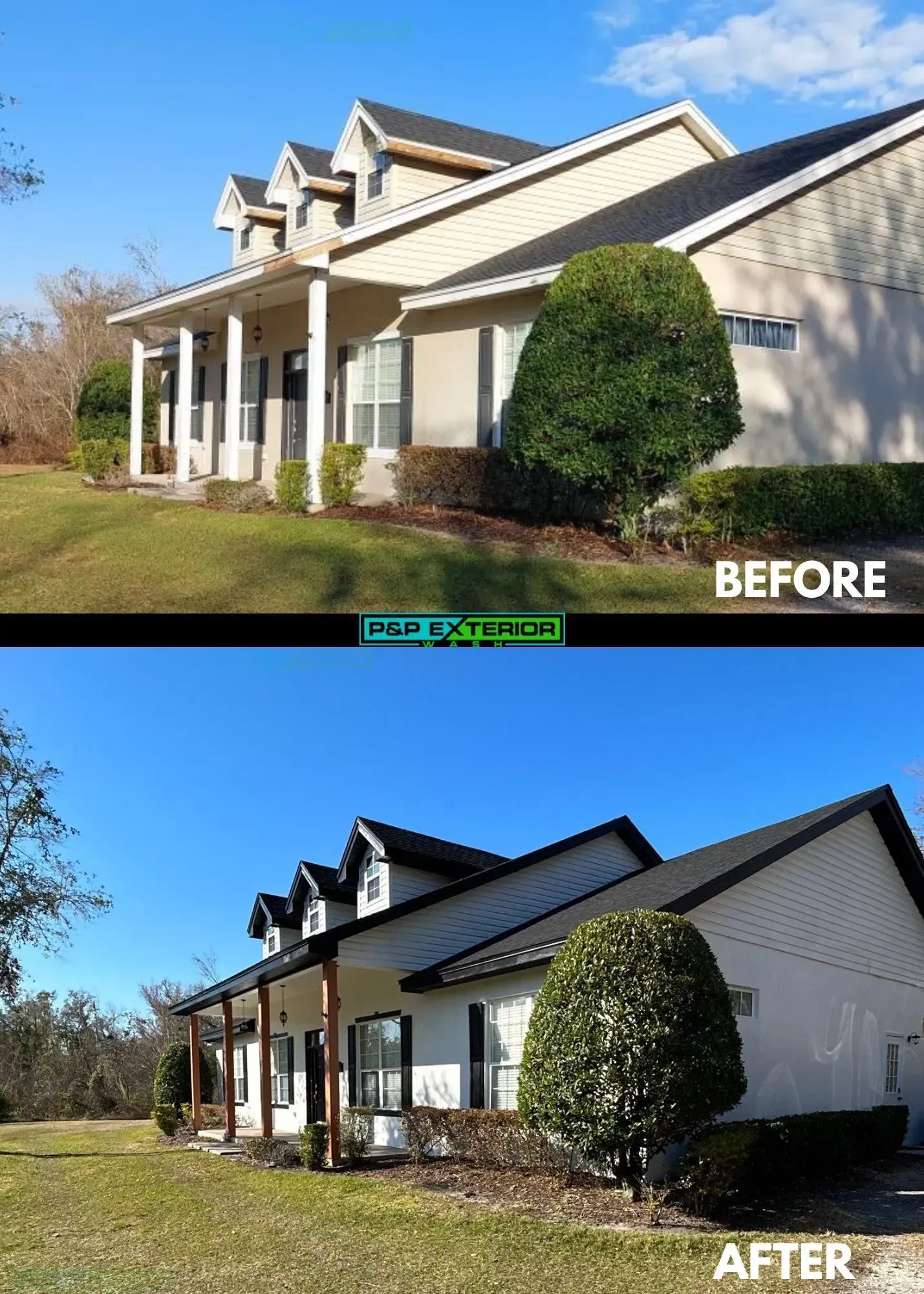 Before-and-after of a house exterior renovation, showing a brighter, updated facade and landscaping.