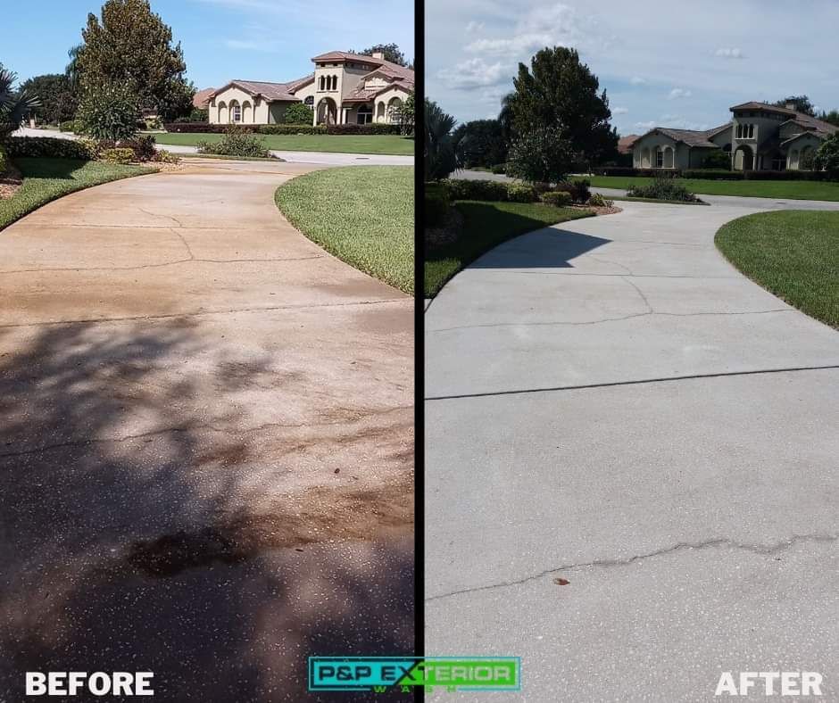 Before-and-after view of a driveway repaired from stained asphalt to smooth light concrete.