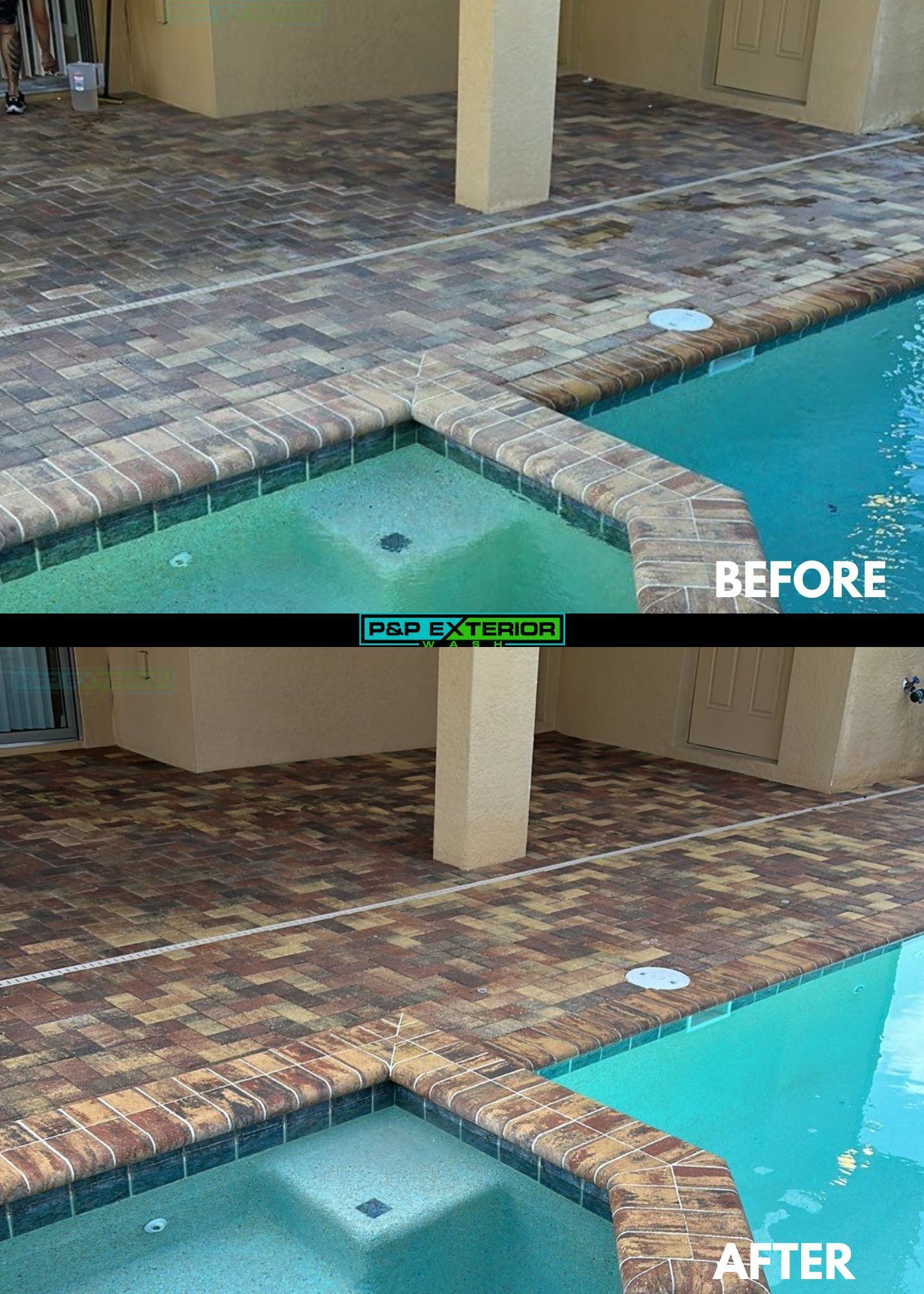 Split before-and-after of a pool deck repair, showing resurfaced brick walkway beside turquoise water.