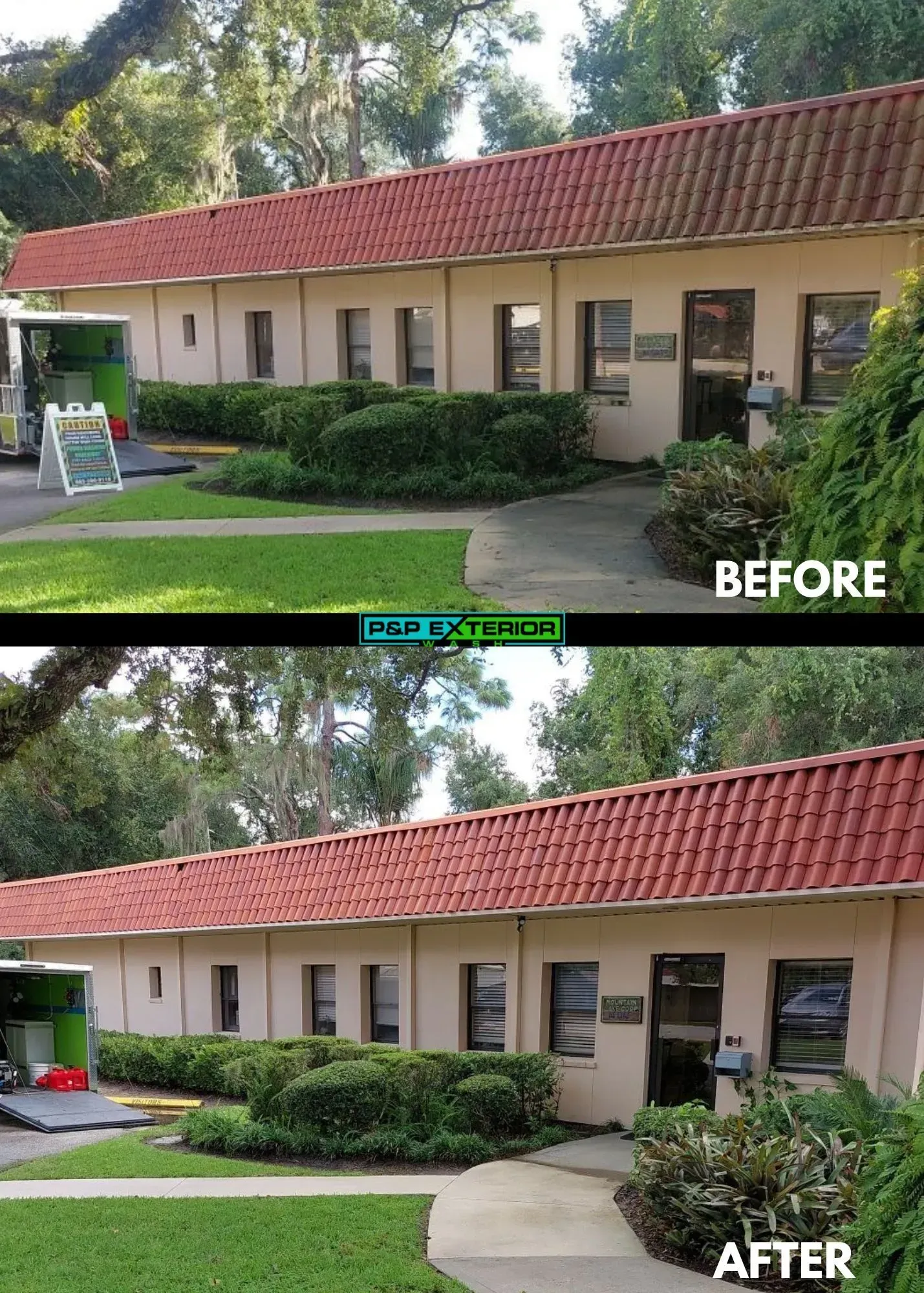 Before-and-after view of a beige building with red roof, trimmed hedges, and a curved walkway after landscaping.
