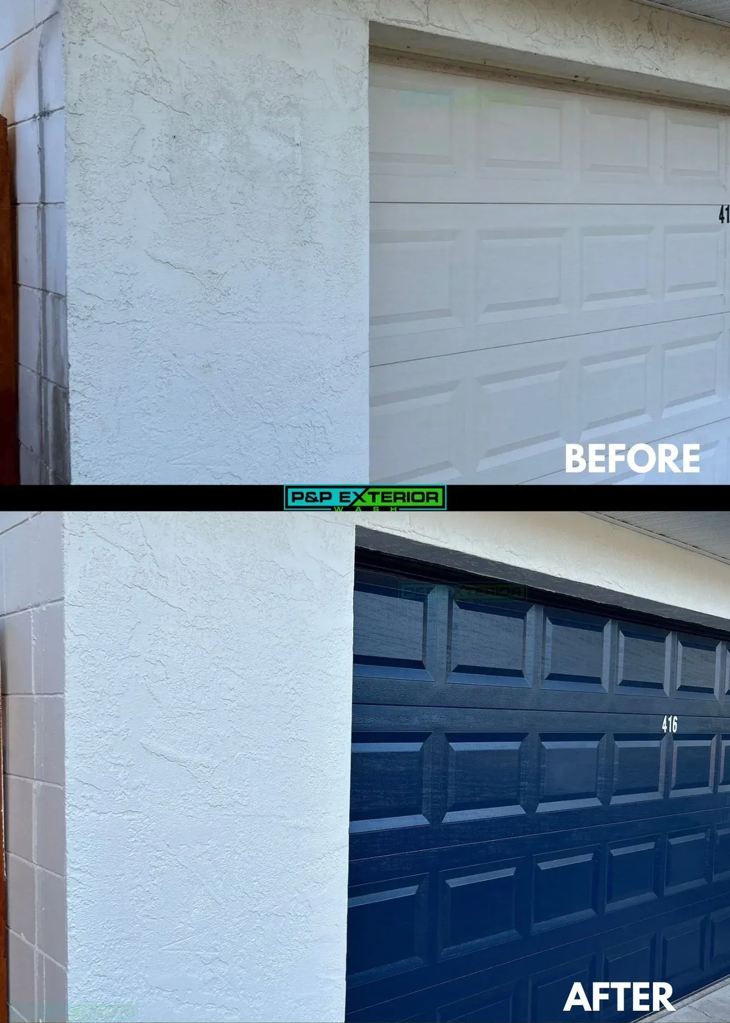 Before-and-after of a white garage door painted dark blue with white trim.