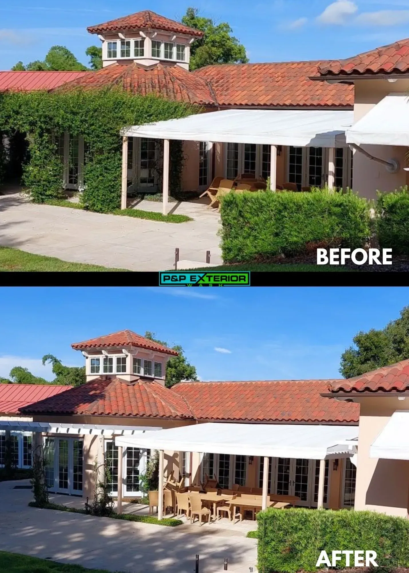 Before-and-after of a house exterior with a red tile roof and patio awning extended.
