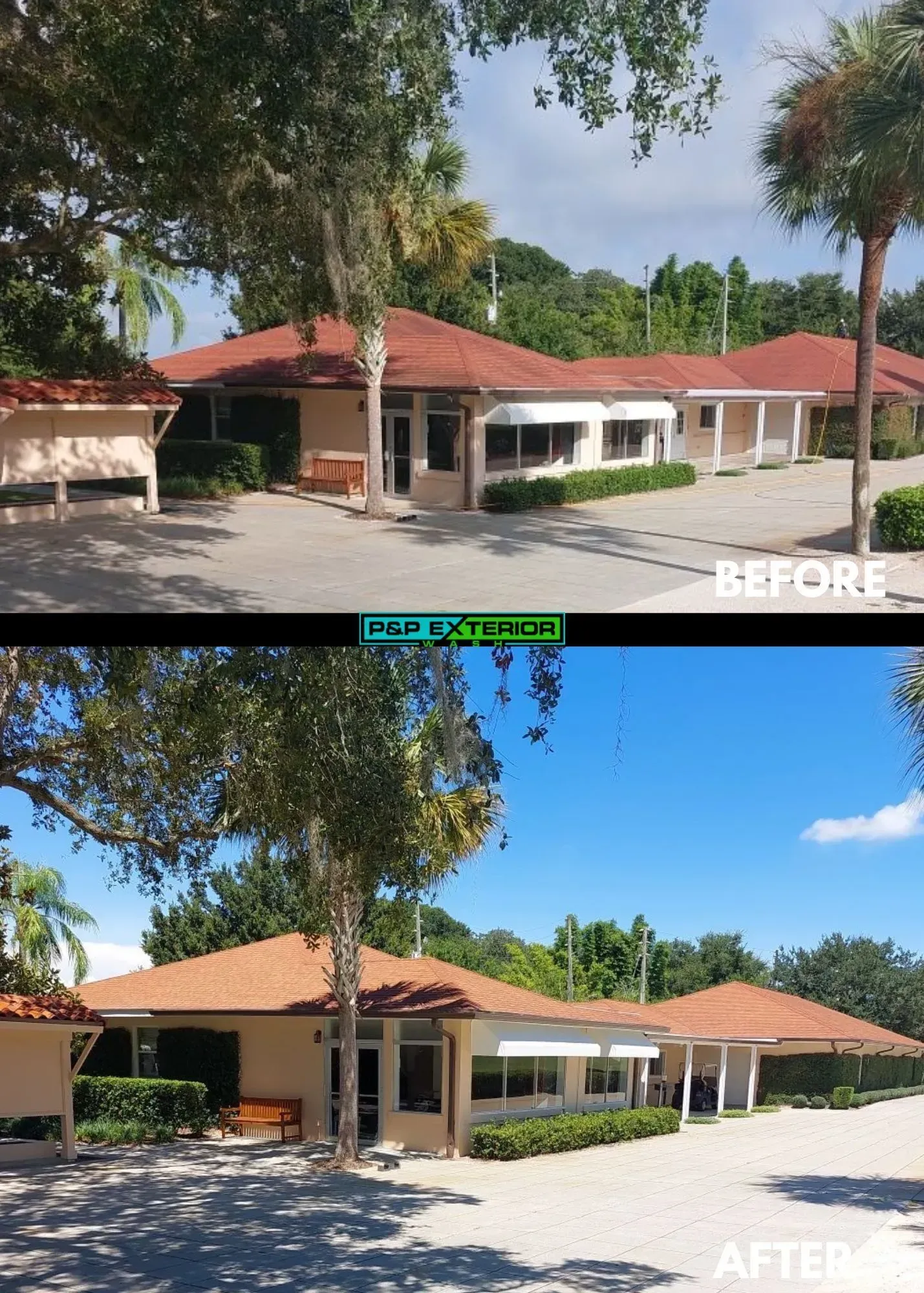 Before-and-after view of a renovated house with a red tile roof, white walls, and landscaped front yard.