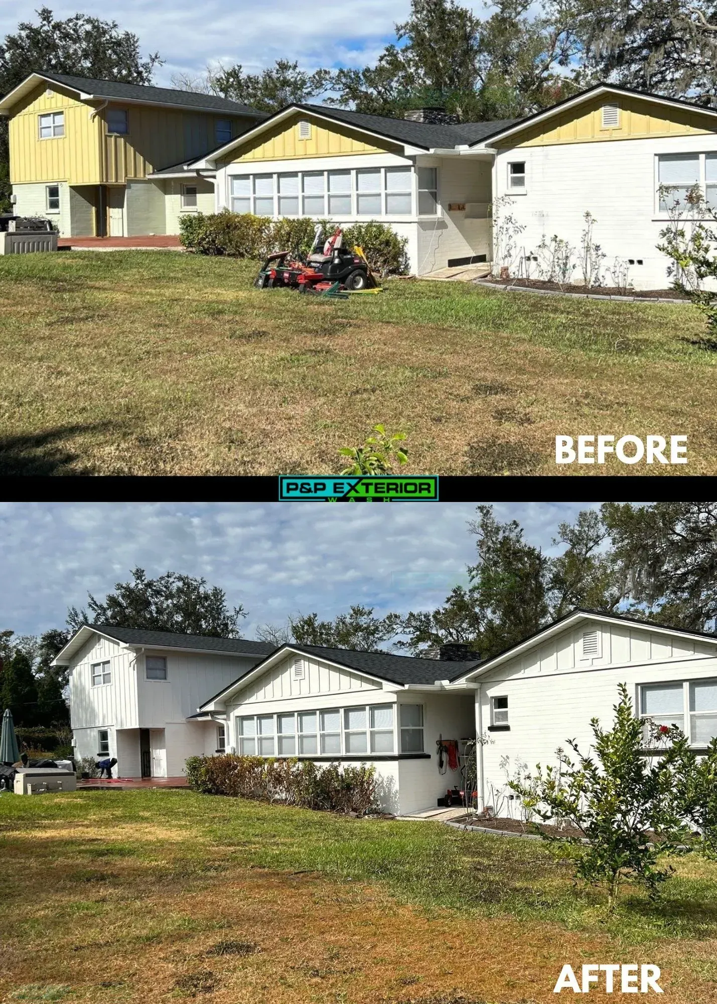 Before-and-after of a white house exterior and front yard landscaping improvement